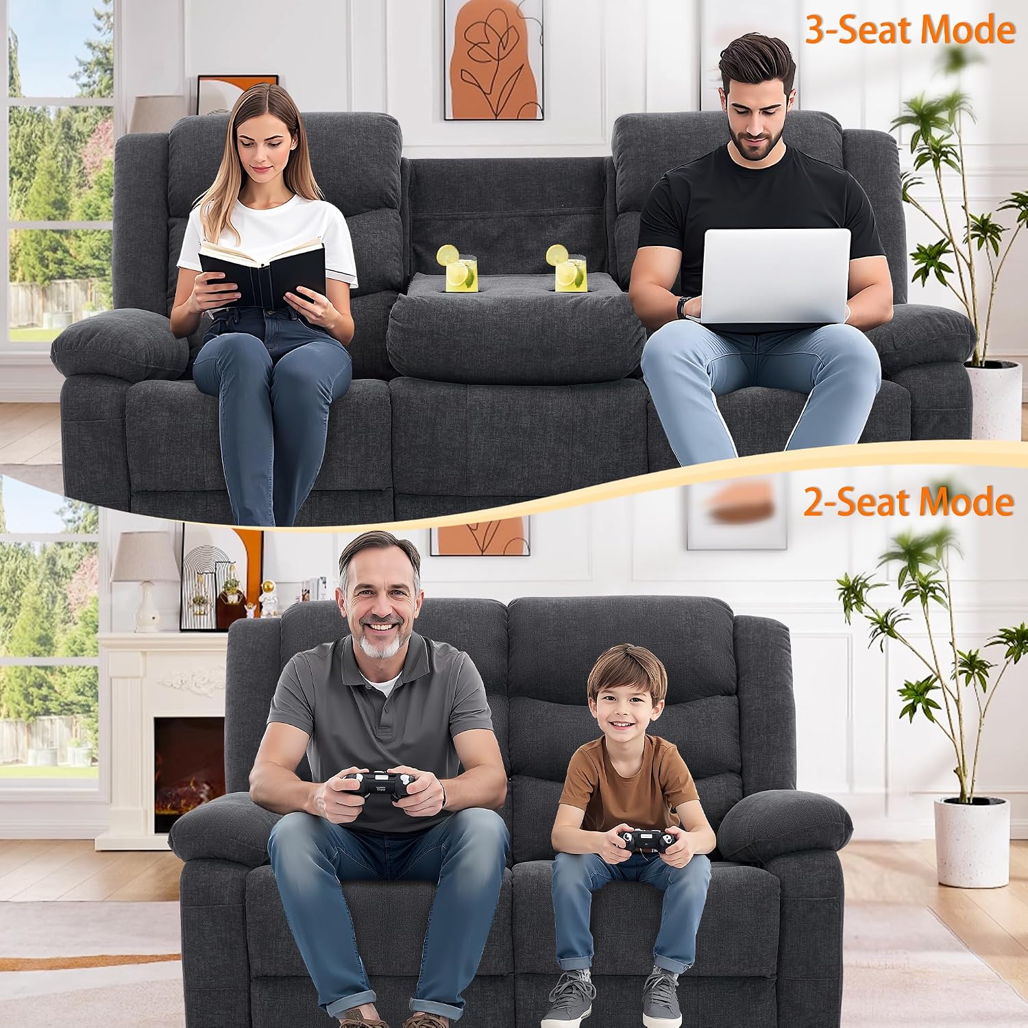 Korser Recliner Sofa, Reclining Loveseat with Console, Oversized Reclining Couch with Drop Down Table, 3-Seater Sofa with Cup Holder and Recessed Power Strip, Grey
