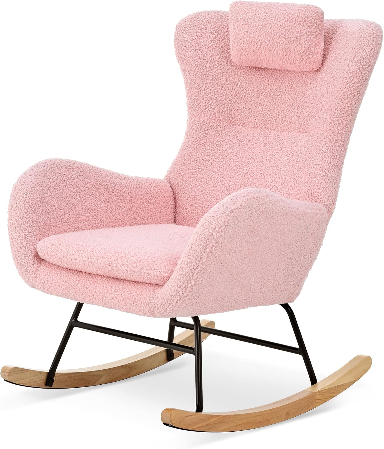 GDFStudio Aurla Rocking Chair, Teddy Upholstered Rocker Glider Chair with High Backrest, Adjustable Headrest & Pocket, Comfy Glider Rocker for Bedroom, Living Room, Offices, Rubber Wood, Pink
