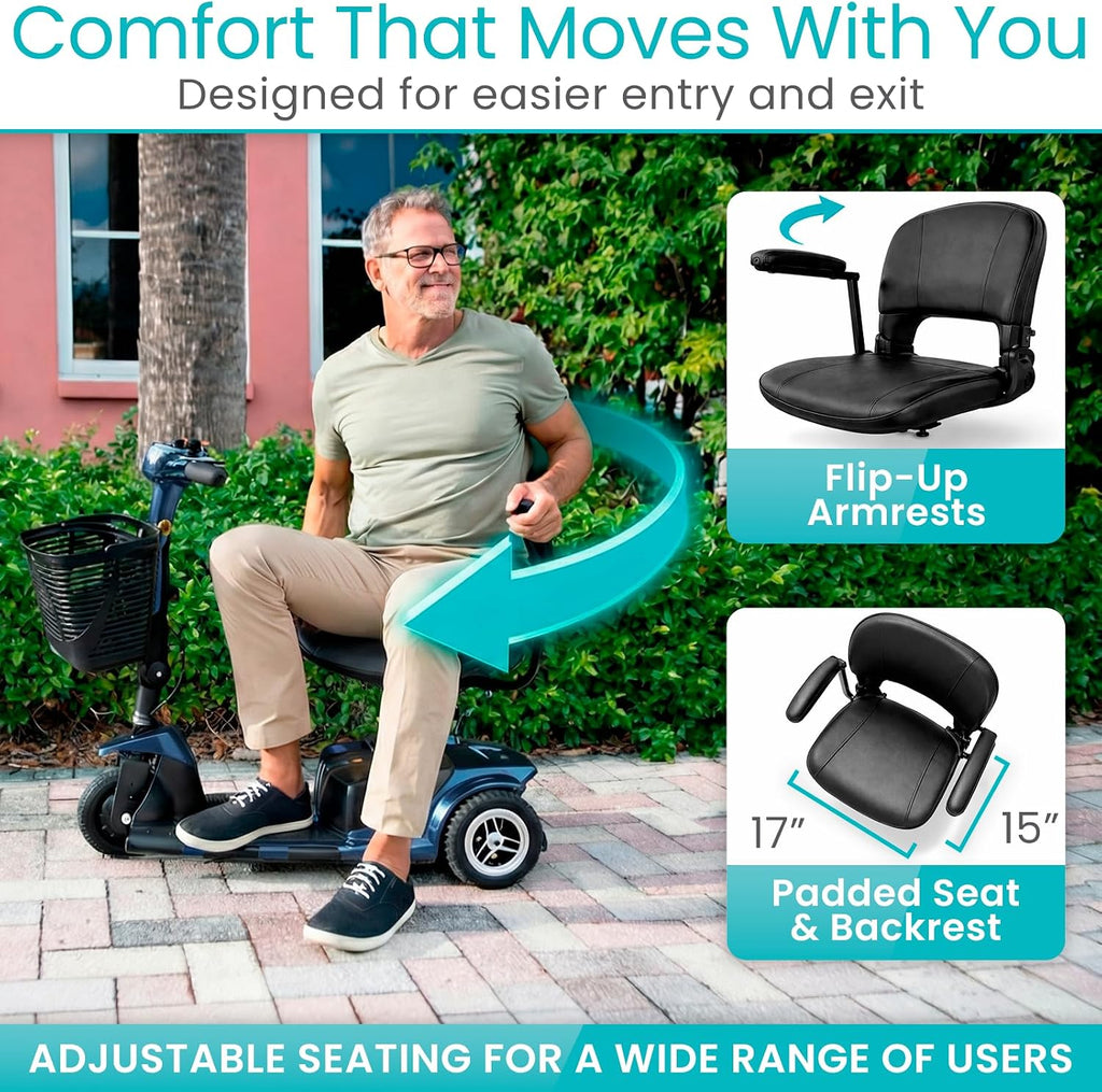 Vive 3 Wheel Mobility Scooter - Electric Powered Mobile Wheelchair Device for Adults - Folding, Collapsible and Compact for Travel - Long Range Power Extended Battery with Charger and Basket Included