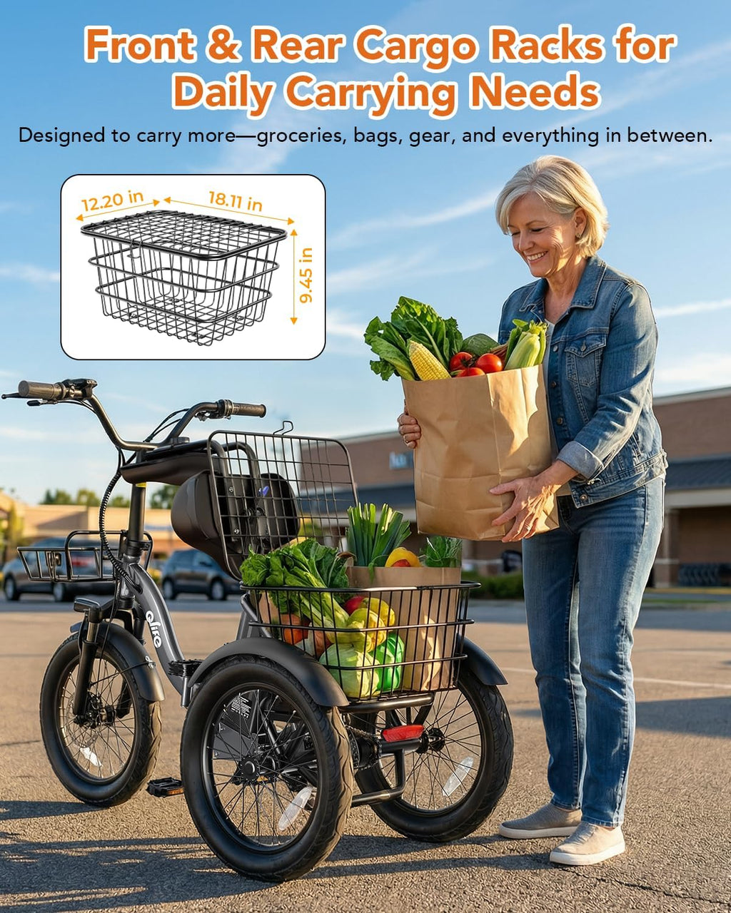 Qlife Triker Electric Bike, Peak 1200W Brushless Motor Folding Trike Ebike, 499Wh Removable Battery, Step-Thru 3 Wheel Electric Bicycle, Up to 55 Miles, 18 Tire Tricycle for Adults
