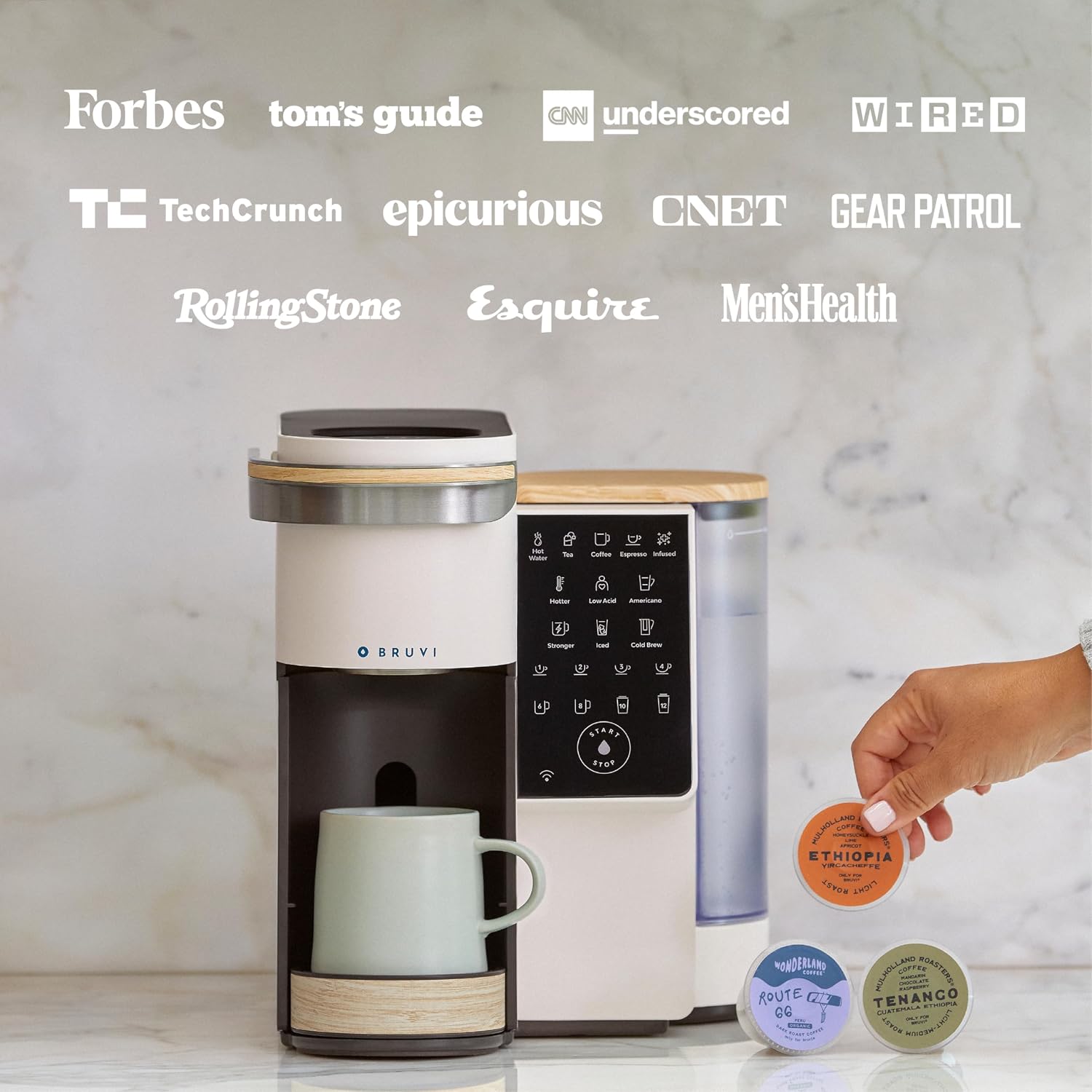 BRUVI Single-Serve Coffee Maker Bundle | Brews Coffee, Espresso, Cold Brew, Matcha Green Tea & More | Includes Brewer + 20 Variety Pods | Touchscreen, WiFi, 70 oz Tank | Cream