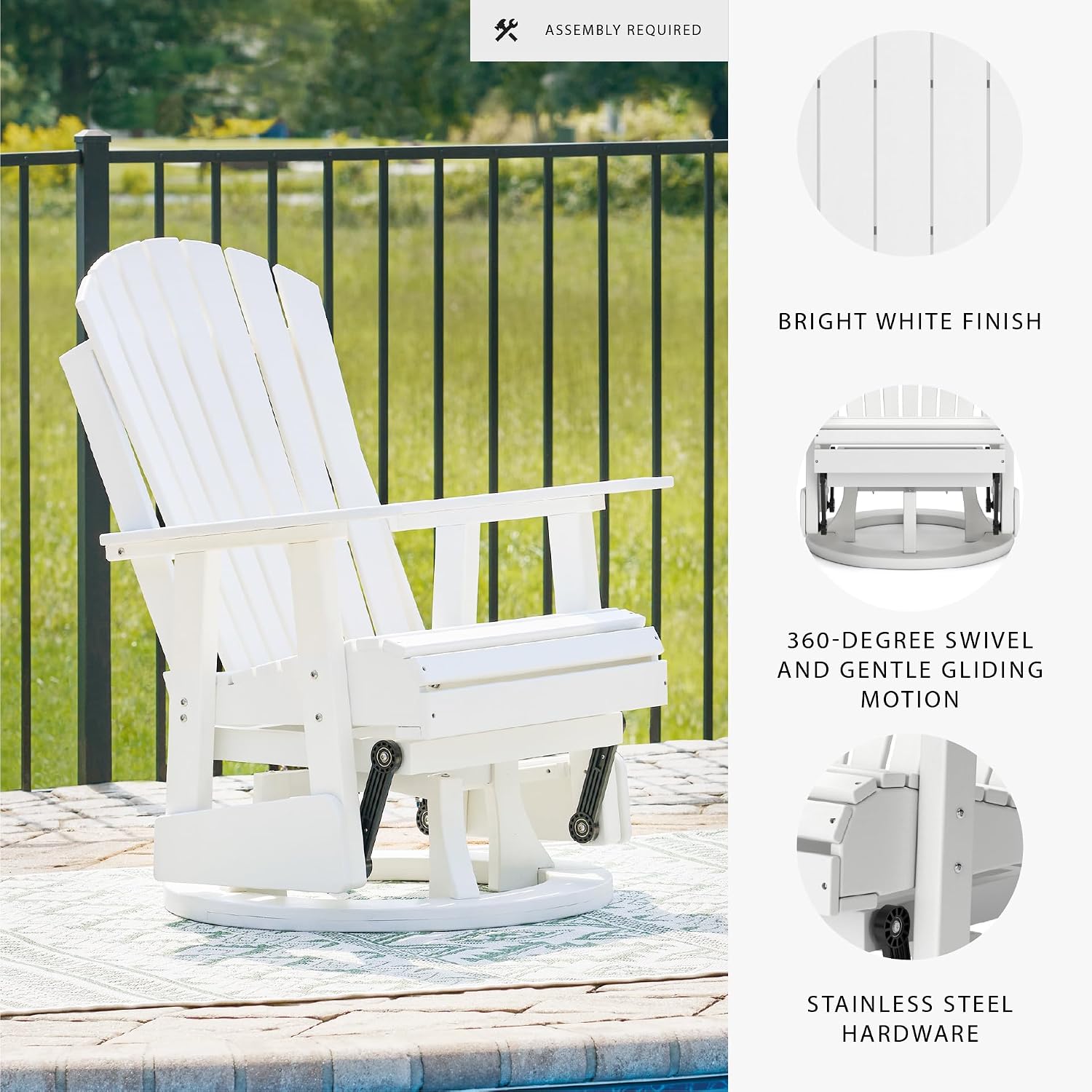 Signature Design by Ashley Hyland Wave Outdoor Casual Swivel Glider Adirondack Chair with 360-Degree Swivel, Weather Resistant HDPE, 18' Seat Height, White