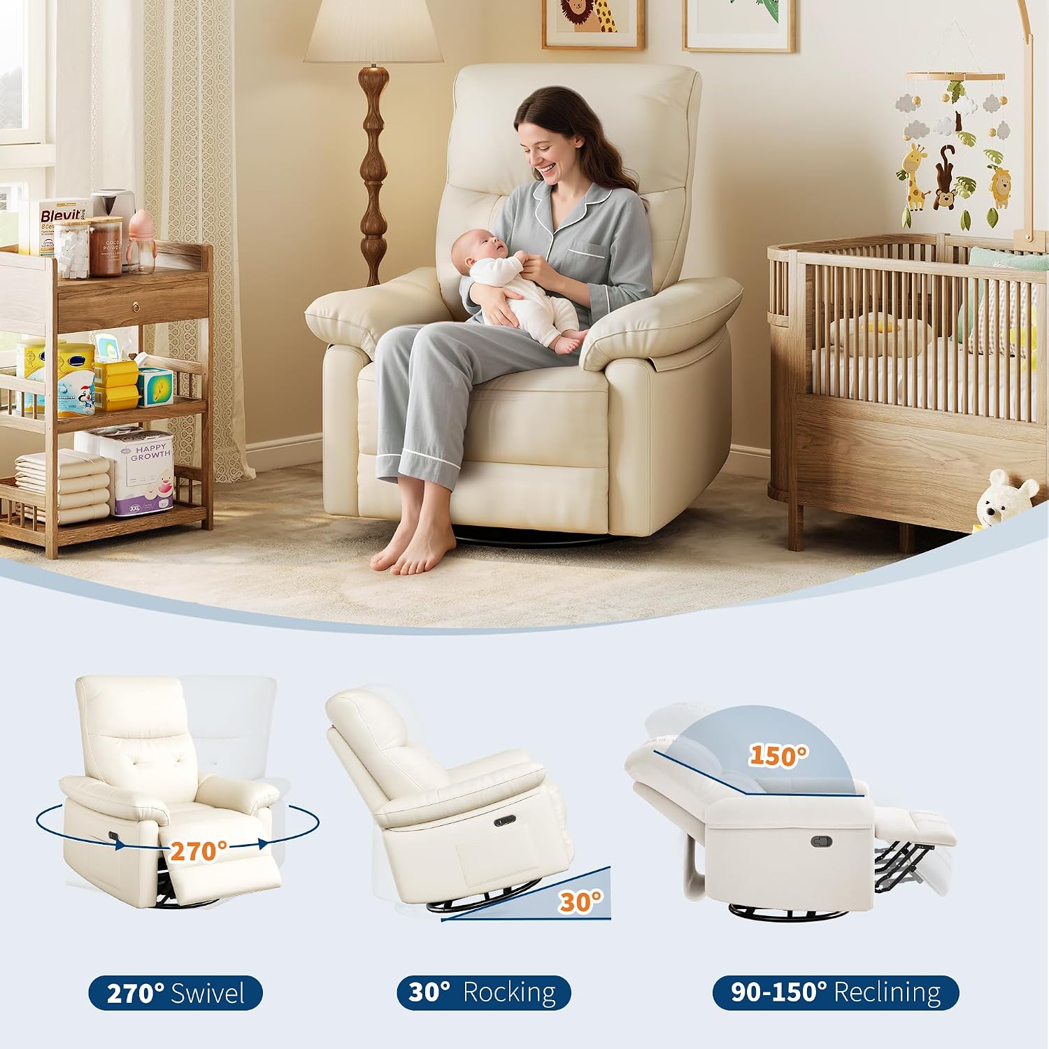 Power Recliner Chair, 270° Swivel Rocking Glider with USB Charging Port, PU Leather Upholstered Fabric and Button Tufted Backrest, Ergonomic Nursery Chair for Living Room (Cream)