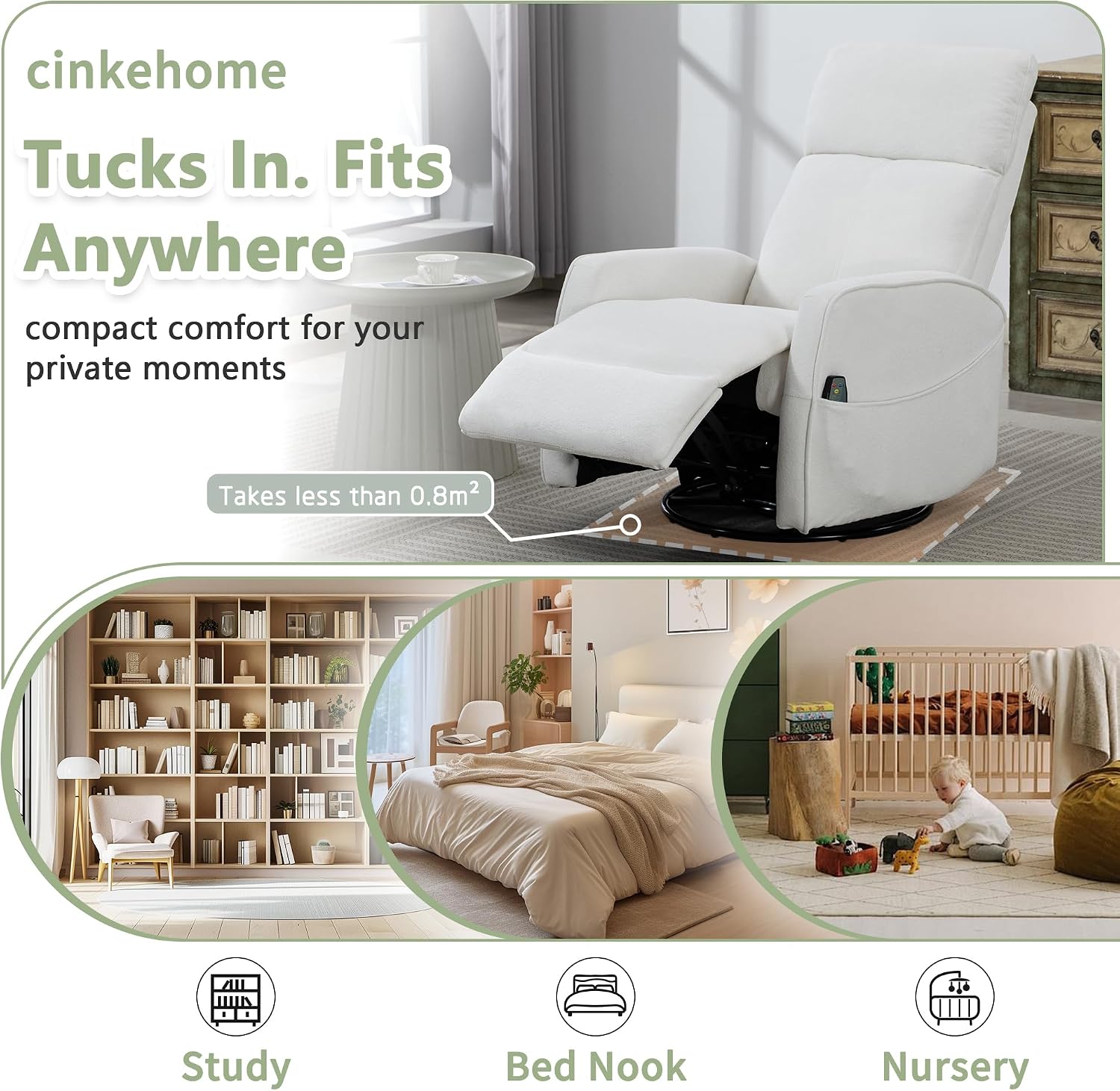cinkehome Heated Massage Swivel Rocker Recliner Chair for Nursery - Small Space Reclining Chair with Lumbar Support, 360° Swivel & Gentle Rocking, Ergonomic High Back Short Plush Cream White