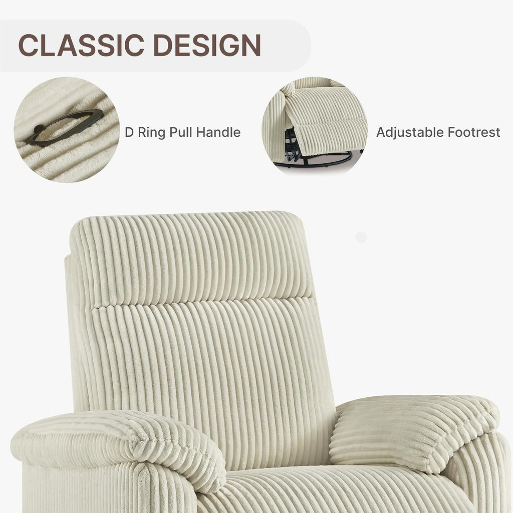 KISLOT Swivel Rocker Recliner for Adults, Corduroy 360 Degree Swivel Glider Recliner Manual 3-Position Adjustable Easy Assembly for Small Space Living Room Nursery Bedroom