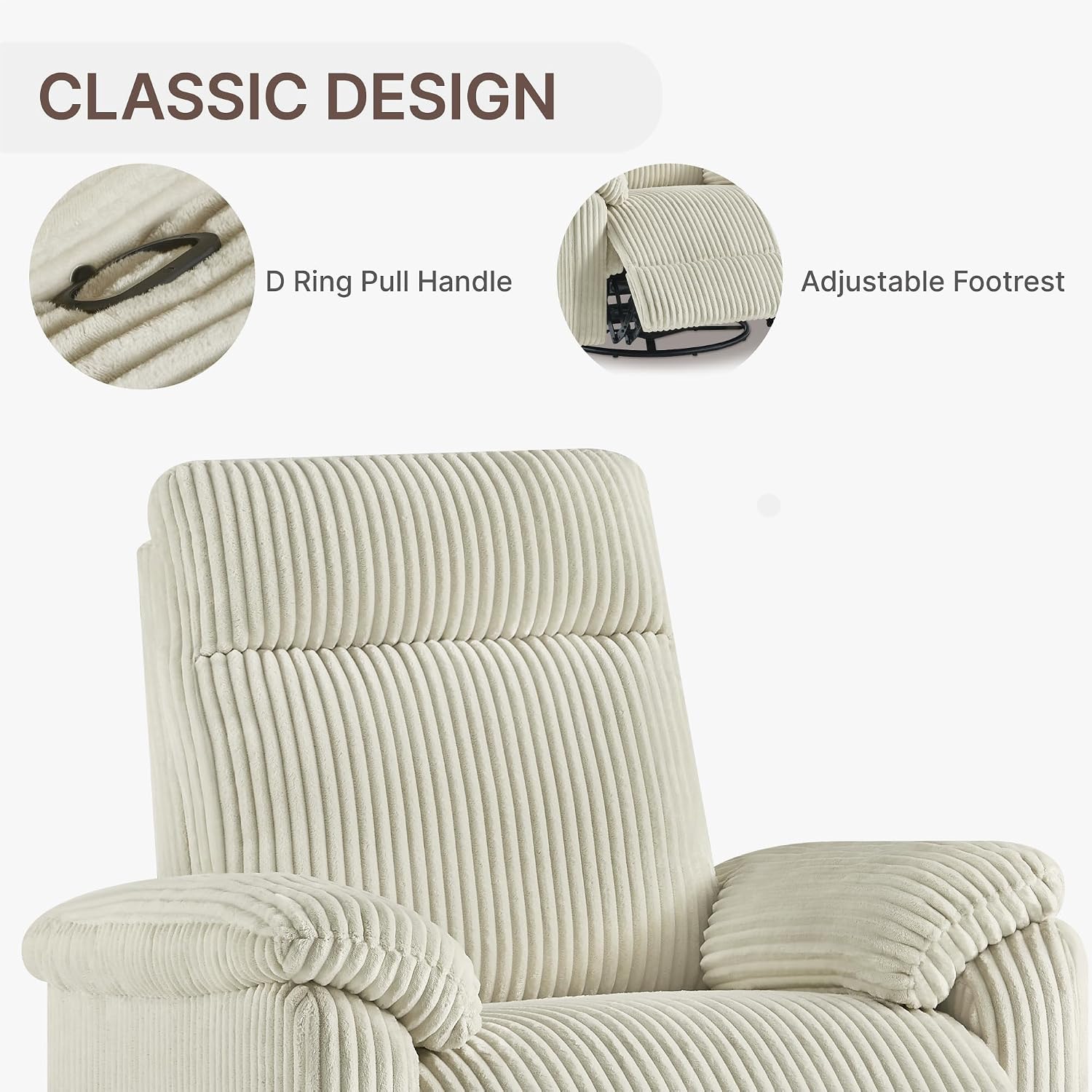 KISLOT Swivel Rocker Recliner for Adults, Corduroy 360 Degree Swivel Glider Recliner Manual 3-Position Adjustable Easy Assembly for Small Space Living Room Nursery Bedroom