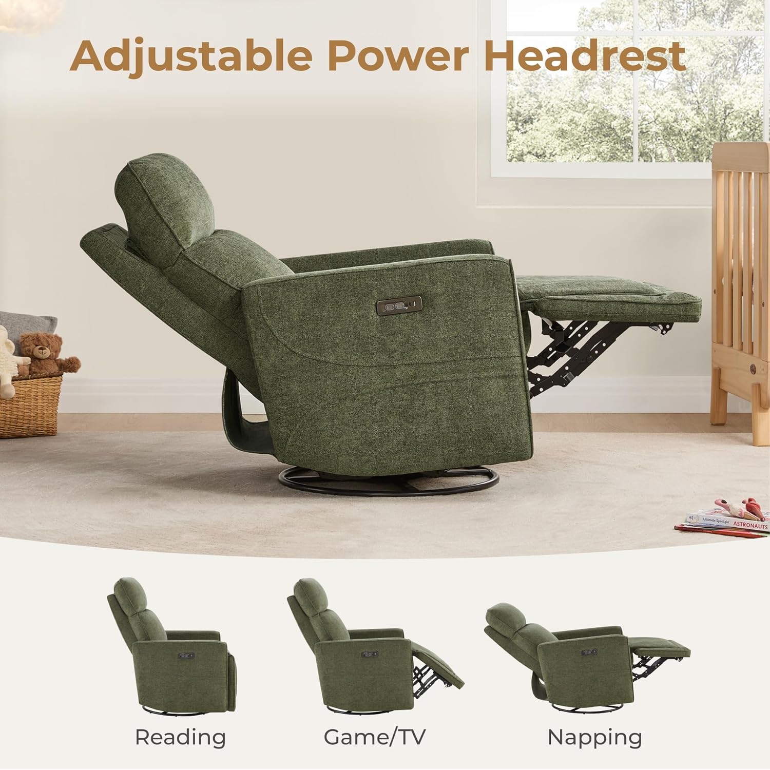 CHITA Power Recliner Chair Swivel Glider with Adjustable Power Headrest, FSC Certified Electronic Modern Nursery Rocking Chair with USB and Type-C Ports, Forest Green