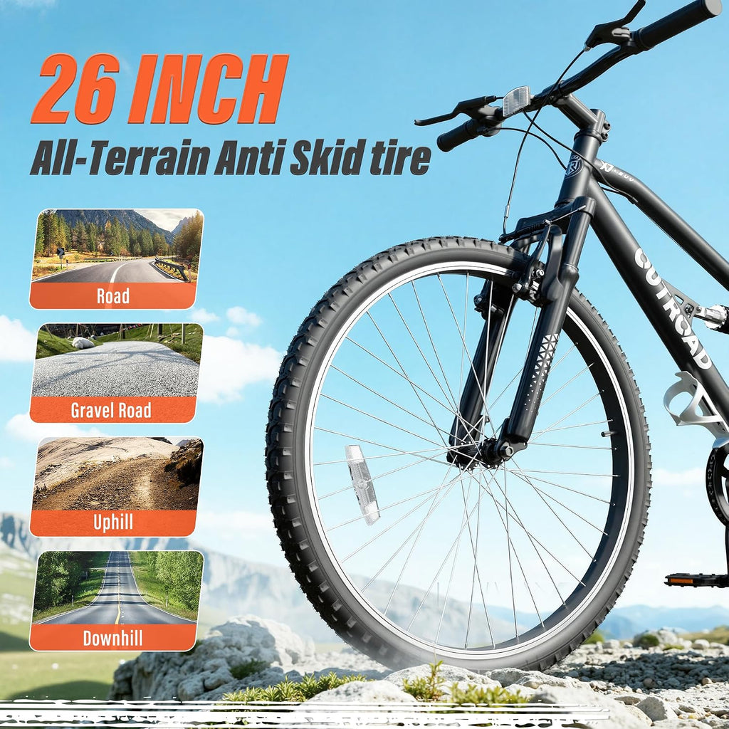 Betterland 26 Inch Mountain Bike with Adjustable Ergonomic Seat, 7/21 Speed Adult Bike with Dual V Brakes, Outdoor Cycling Bike with High Carbon Steel Frame and Front Suspension