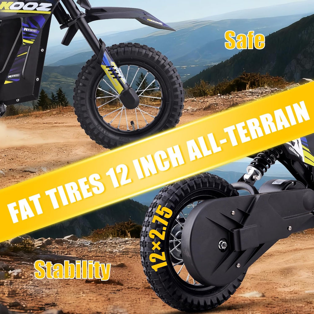 KOOZ 36V 300W Electric Dirt Bike for Kids - 3 Speed Modes Electric Motorcycle Up to 15.5 MPH & 14 Miles Long-Range, Shock Absorber & Rear Brake, 12' Sturdy Tire Gift for Kids