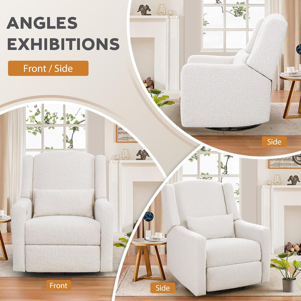 Power Recliner Chair Swivel Glider, Large Rocker Recliner w/USB Charging Port, Boucle Upholstered Swivel Rocker Glider Recliner for Nursery,Bedroom,Living Room, 1PC, Cream