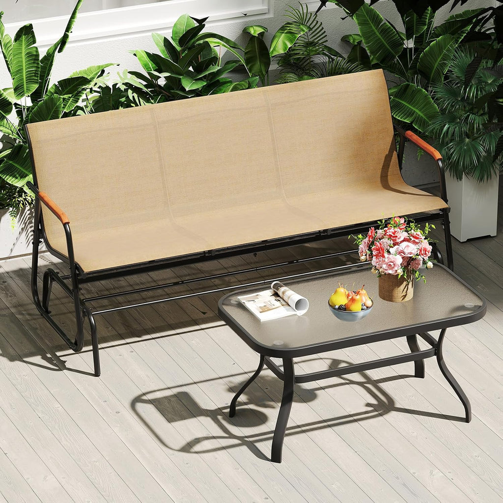 Tangkula 3-Person Outdoor Glider Bench, Patio Gliding Loveseat with Breathable Fabric Seat, Curved Teak Wood Armrests and Metal Frame, Swing Rocking Chair for Backyard, Garden, Porch, Balcony (3 Seat)
