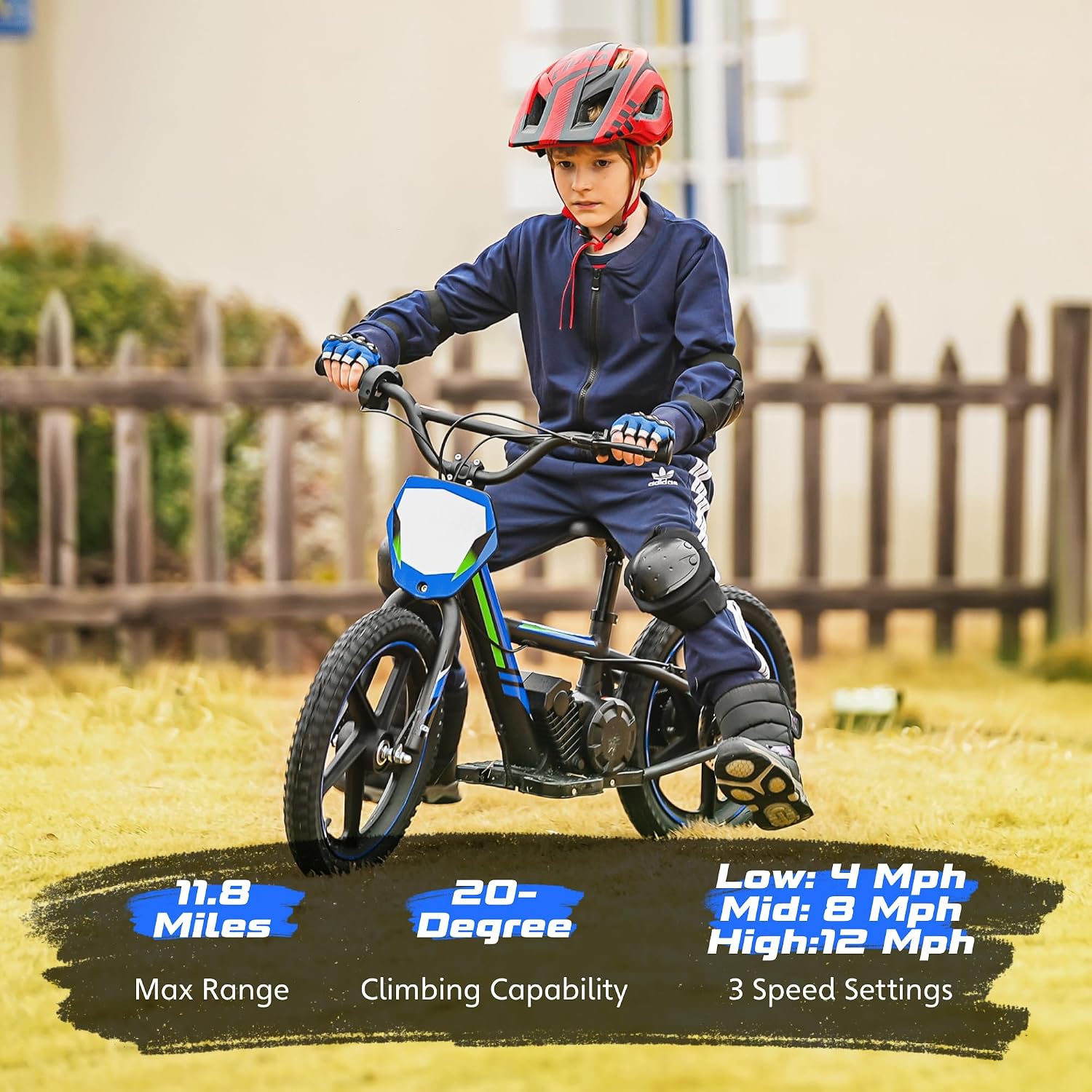 OLALA Electric Dirt Bike for Kids Aged 5-10, 340W Racing Grade Electric Motorcycle with Aluminum Frame, Up to 12MPH & 3 Speed Settings, Safe Disc Brakes, 16IN Knobby Tires