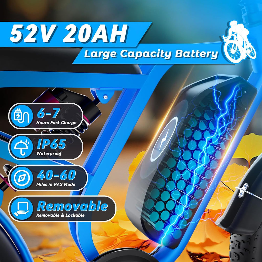 Electric Bike for Adults, 1500W 35MPH 52V, 20AH Battery Ebike, Max 40-60 Miles Electric Motorcycle, 20' Fat Tire Dirt Bike,7-Speed