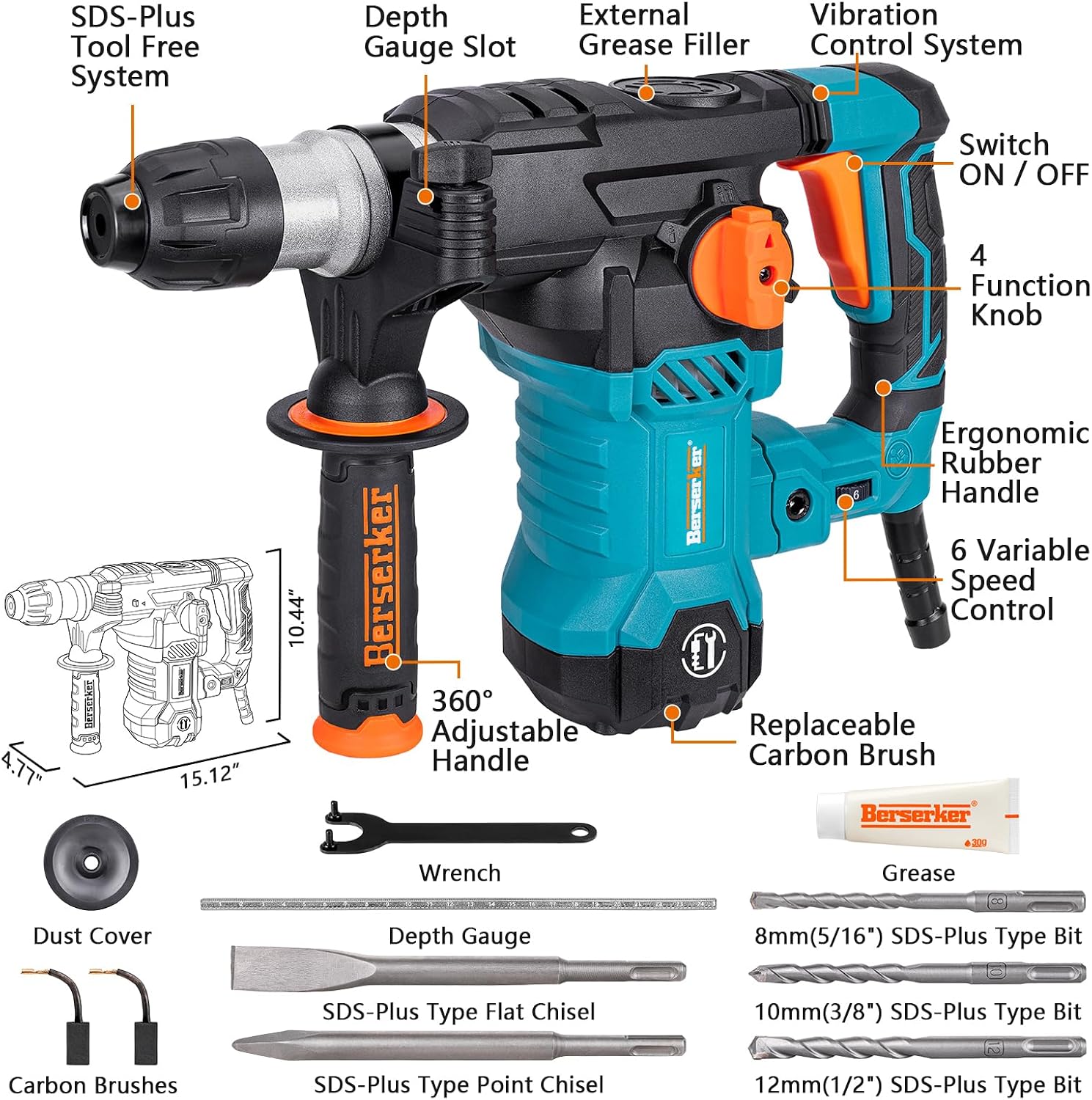 Berserker 1-1/4' SDS-Plus Rotary Hammer Drill with Vibration Control,Safety Clutch,12.5 Amp 4 Functions Corded Rotomartillo for Concrete-Including 3 Drill Bits,Flat Chisel,Point Chisel,Carrying Case