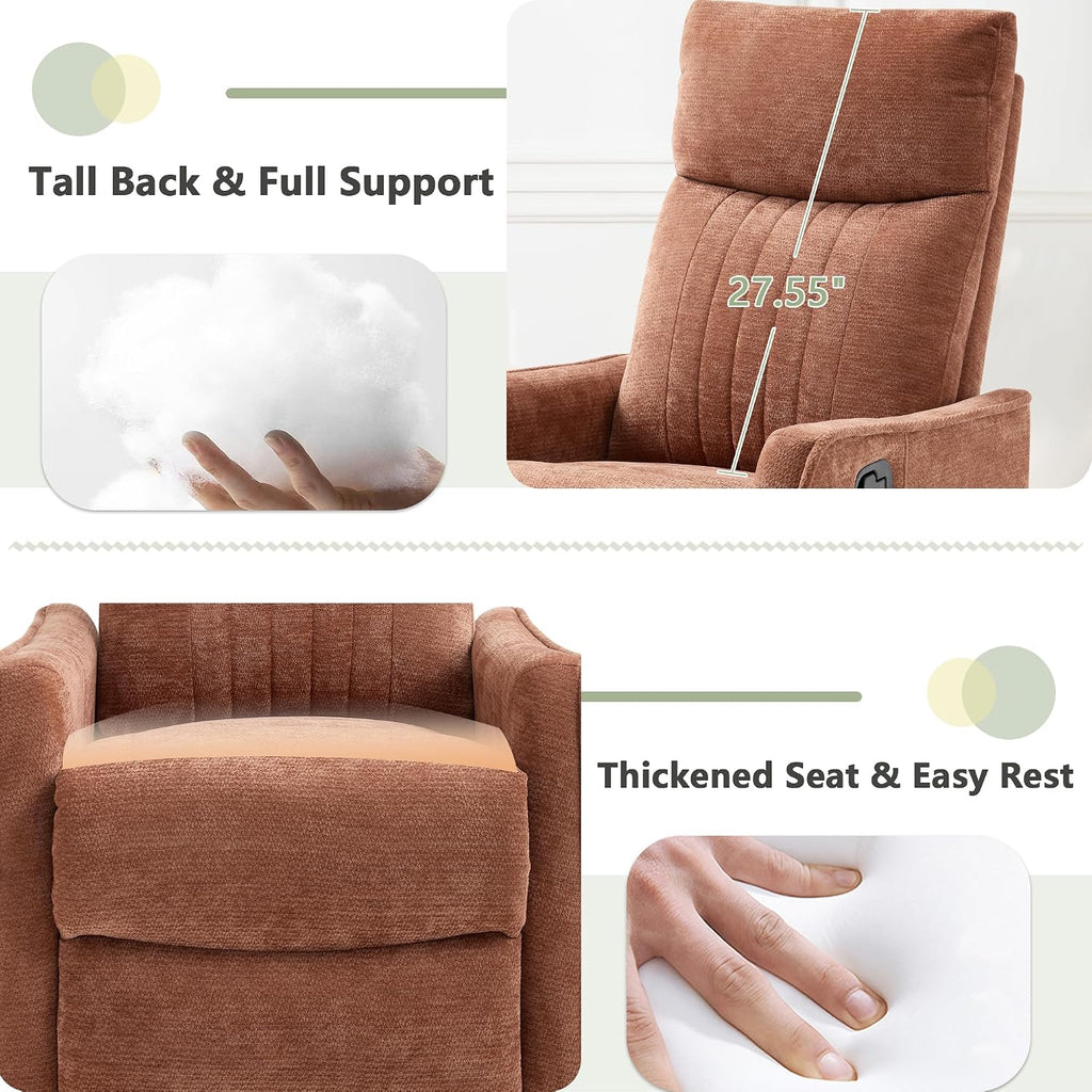 cinkehome Heated Massage Swivel Rocker Recliner Chair for Nursery - Small Space Reclining Chair with Lumbar Support, 360° Swivel & Gentle Rocking, Ergonomic High Back, Orange Chenille