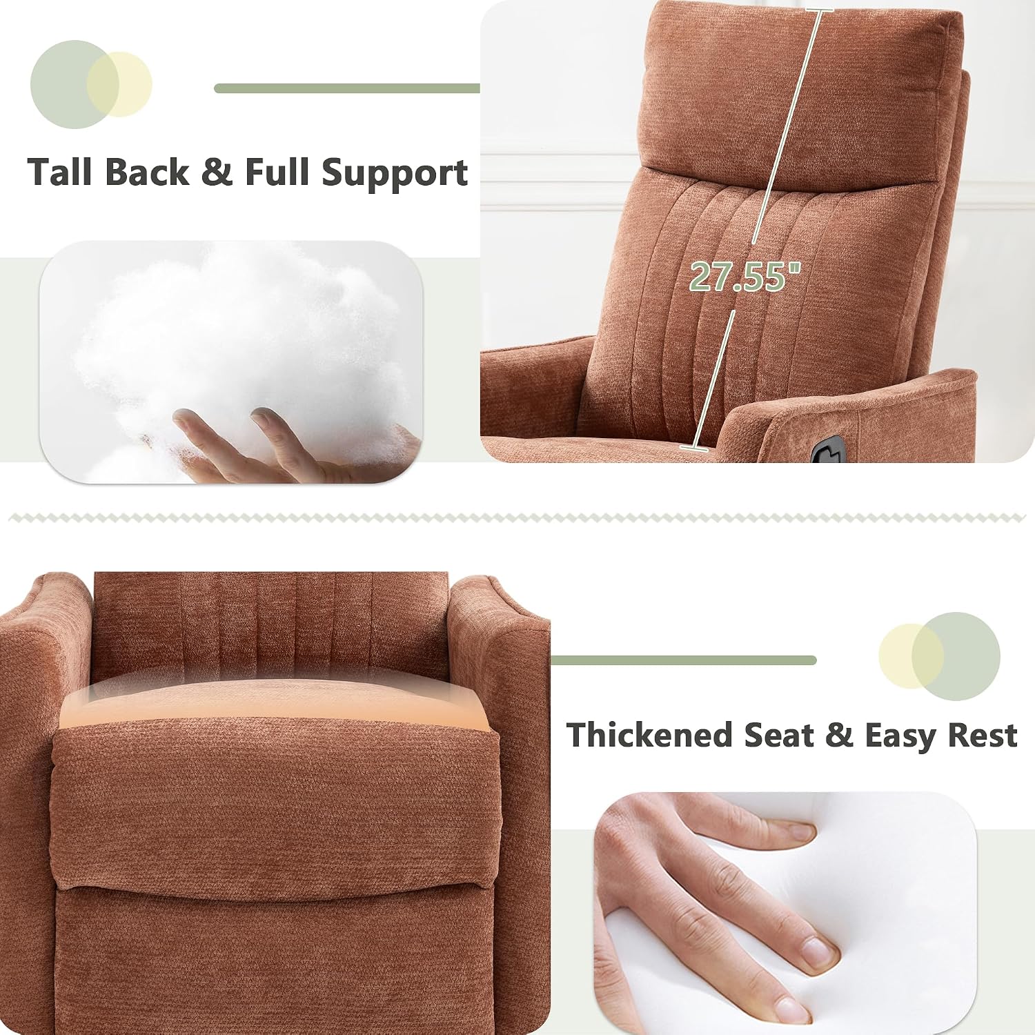 cinkehome Heated Massage Swivel Rocker Recliner Chair for Nursery - Small Space Reclining Chair with Lumbar Support, 360° Swivel & Gentle Rocking, Ergonomic High Back, Orange Chenille