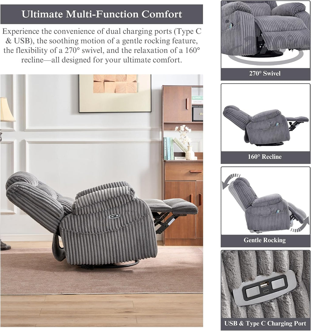 JUUXO Extra Wide Power Swivel Rocking Recliner for Adults with Heat Massage, USB & Type-C Charging, Electric Glider Rocker Chair for Living Room Nursery Bedroom Office