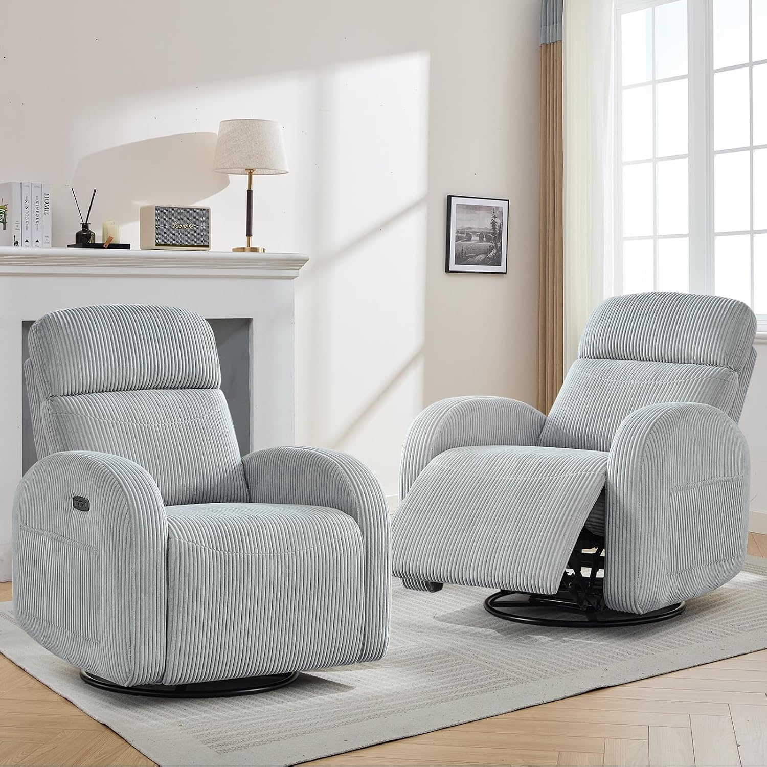Power Nursery Glider Recliner, Swivel Glider Recliner with USB & Type-C Port, Swivel Reclining Nursery Rocker with Double Pockets for Living Room, Grey,Corduroy