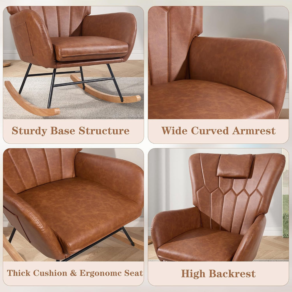VECELO Rocking Chair Nursery with Thick Headrest, Modern Teddy Upholstered Reading Glider Rocker Accent Armchair with High Backrest, Padded Seat, Side Pocket, for LivingRoom, Bedroom, Baby Room, Brown