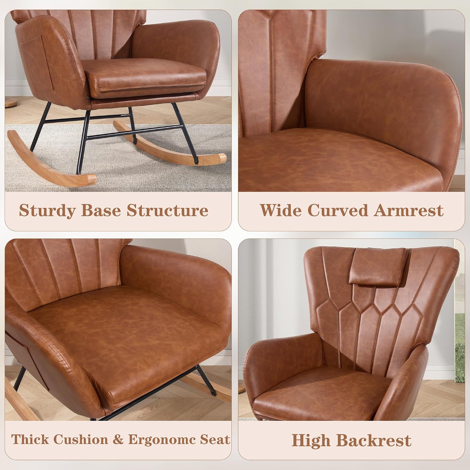 VECELO Rocking Chair Nursery with Thick Headrest, Modern Teddy Upholstered Reading Glider Rocker Accent Armchair with High Backrest, Padded Seat, Side Pocket, for LivingRoom, Bedroom, Baby Room, Brown