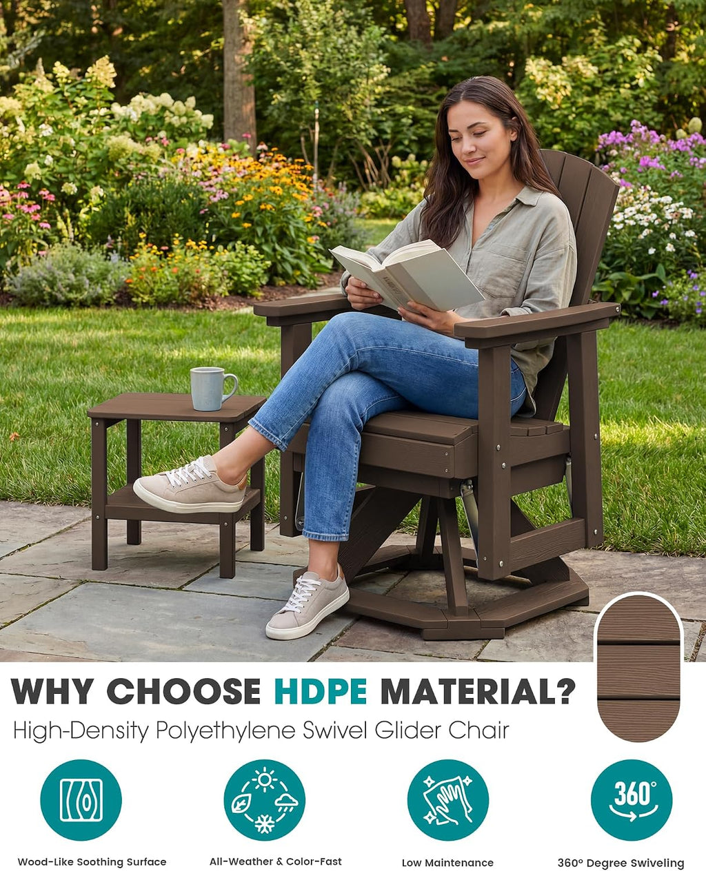SERWALL Adirondack Swivel Glider, HDPE Glider for Outdoor, All-Weather Glider Rocking Chair for Porch, Balcony, Coffee Brown