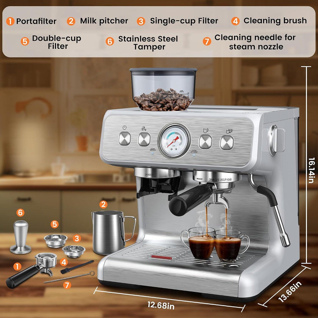 Espresso Machine with Built-in Grinder,Professional 15 Bar Espresso Maker with Milk Frother Steam Wand,Stainless Steel Espresso Coffee Machine with Removable Water Tank for Cappuccino, Latte