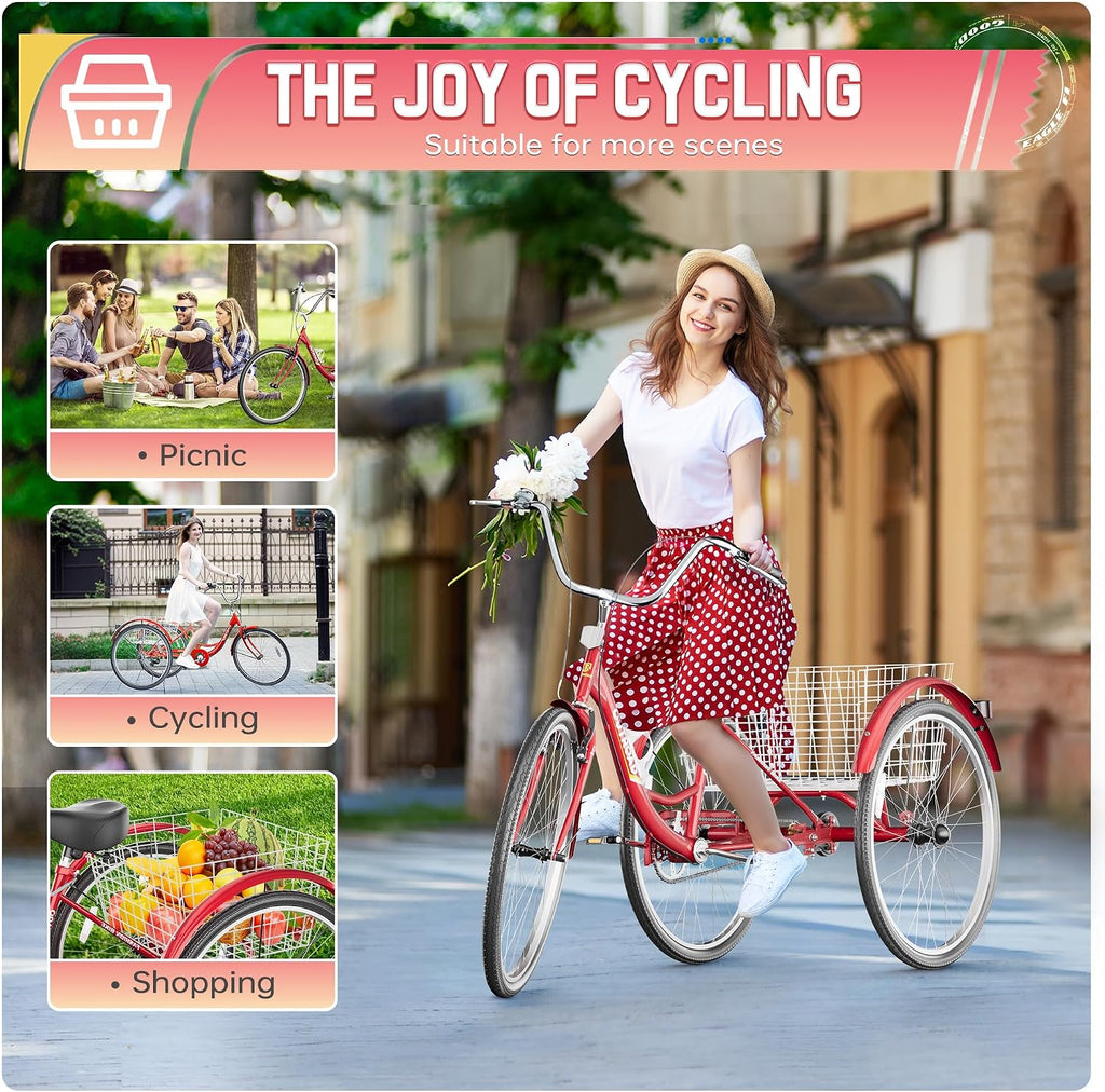 1 Speed Adult Tricycle, 24 Inch 3 Wheel Bikes with Large Basket, Cruiser Bike for Women/Men/Seniors, Adult Trike for Outdoor/Shopping/Recreation/Picnic (Red)