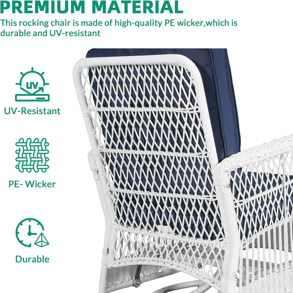 VIVIJASON 3-Piece Outdoor Conversation Bistro Set, Patio Swivel Glider Rocking Chairs Rattan Furniture Sets w/ 2 White Rattan Chairs, Glass Top Side Table for Porch Backyard, Navy Blue Cushions