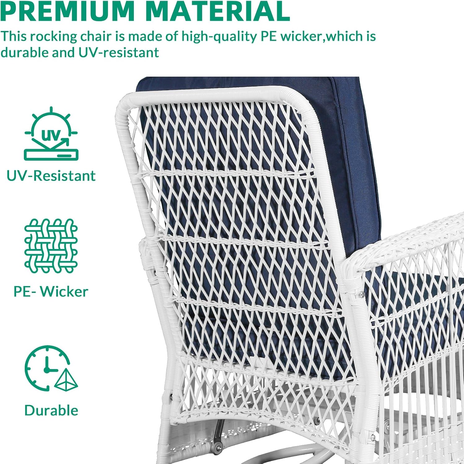 VIVIJASON 3-Piece Outdoor Conversation Bistro Set, Patio Swivel Glider Rocking Chairs Rattan Furniture Sets w/ 2 White Rattan Chairs, Glass Top Side Table for Porch Backyard, Navy Blue Cushions