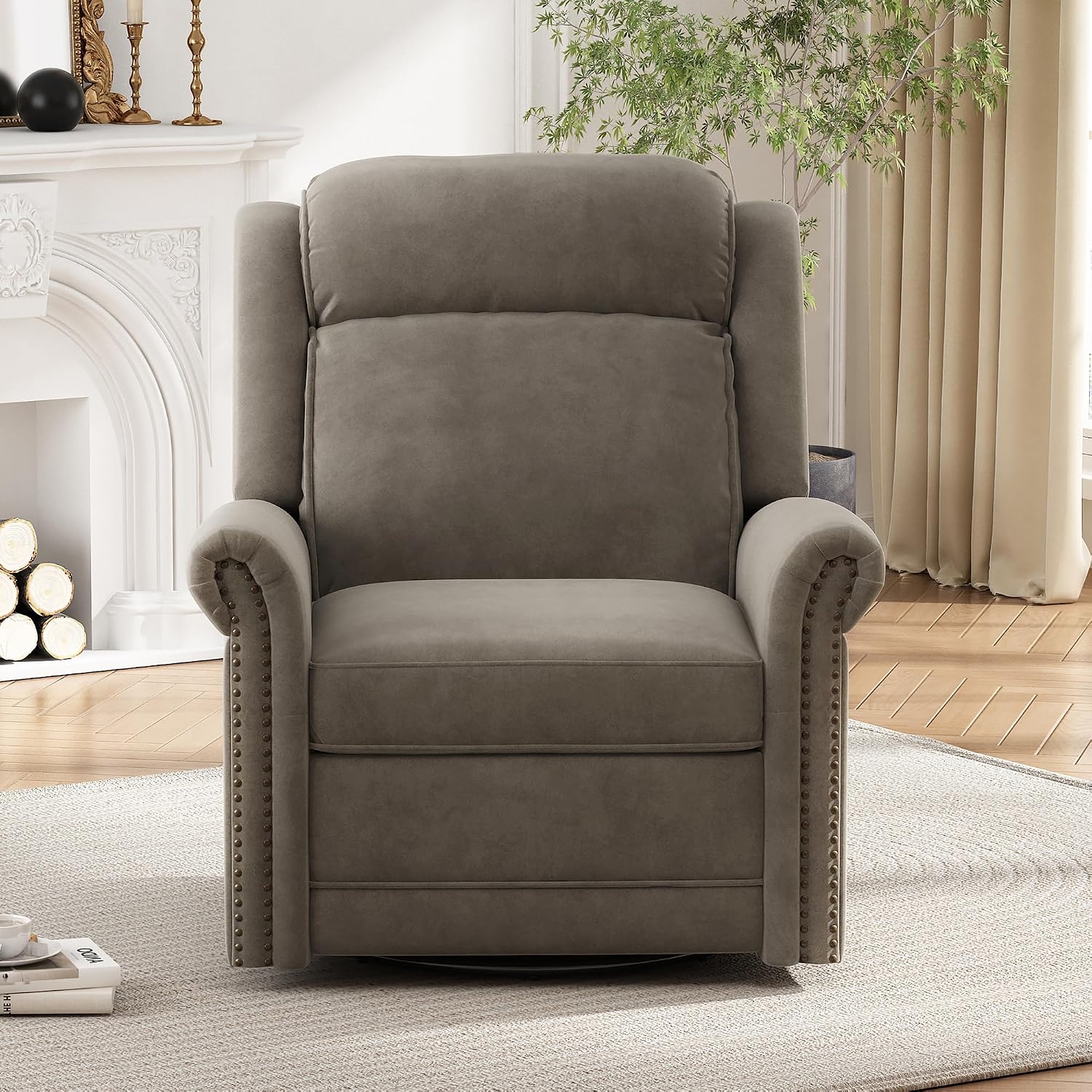 JIVOIT 360° Swivel Recliner Chair with Adjustable Backrest, Manual Rocking Recliner Home Theater Manual Recliner Chair with Metal Base and Velvet Fabric for Living Room (Light Brown, 2)