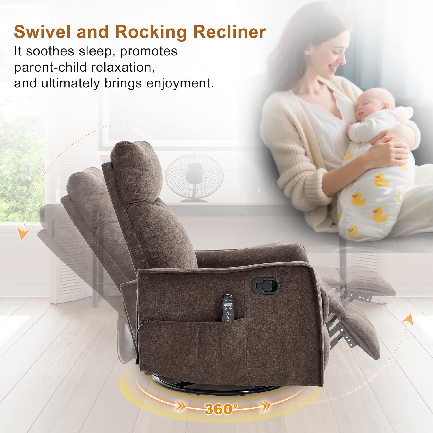 Manual 360° Swivel Rocker Recliner Chair for Adults, Overstuffed Glider Chair for Nursery with Vibration Massage & Heat, Comfy Soft Fabric Recliner Chair with Side Pockets for Living Room, Brown