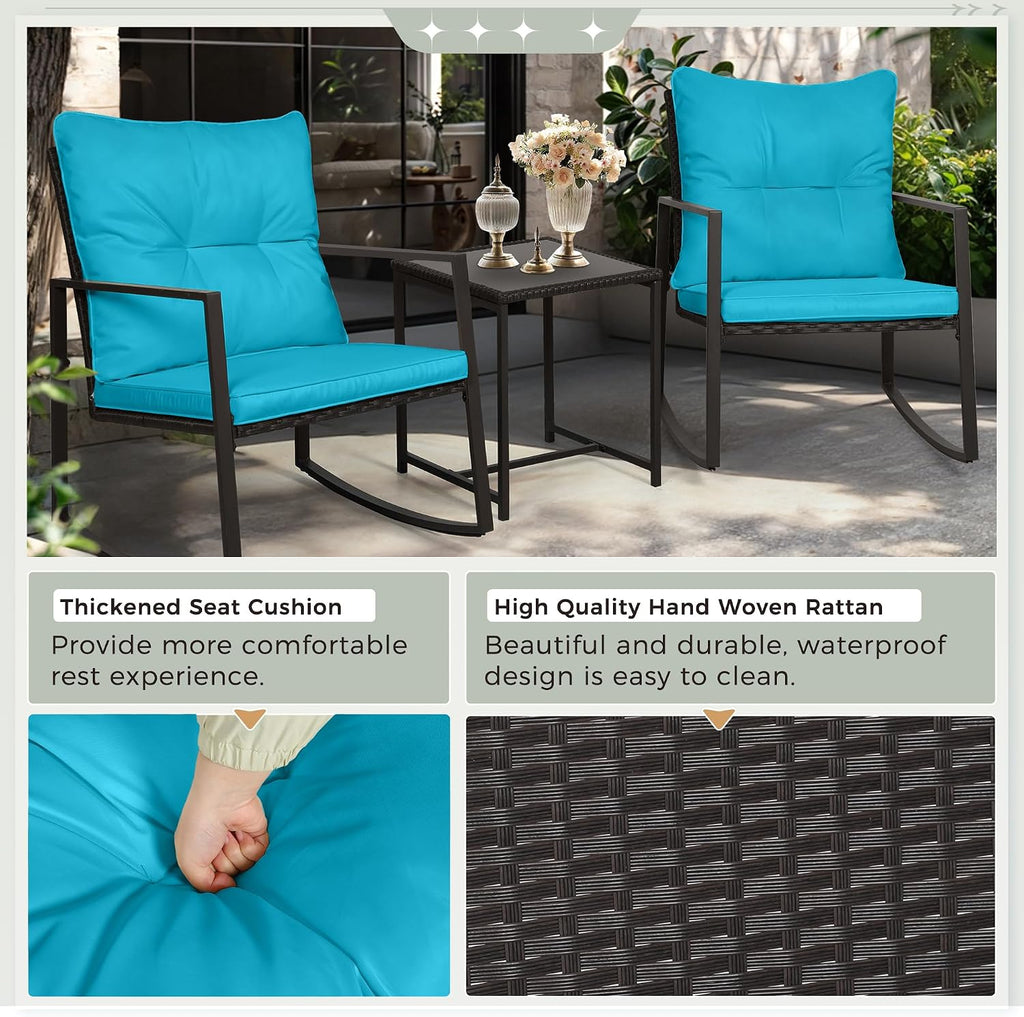 SUNCROWN 3 Piece Outdoor Rocking Bistro Set Black Wicker Furniture Porch Chairs Conversation Sets with Glass Coffee Table, Light Blue
