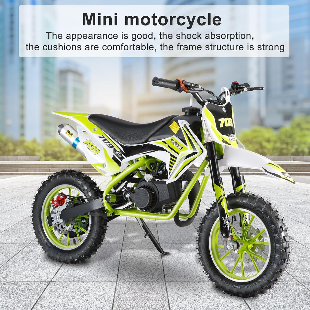 50cc Kids Dirt Bike, 2-Stroke Gas Power Dirt Bike Off Road Motocross Gas Dirt Bike with Front Rear Disc Brakes for Beginner Motocross Bikes for Kids 8-12 Max 30KM/H 150KG Load Green