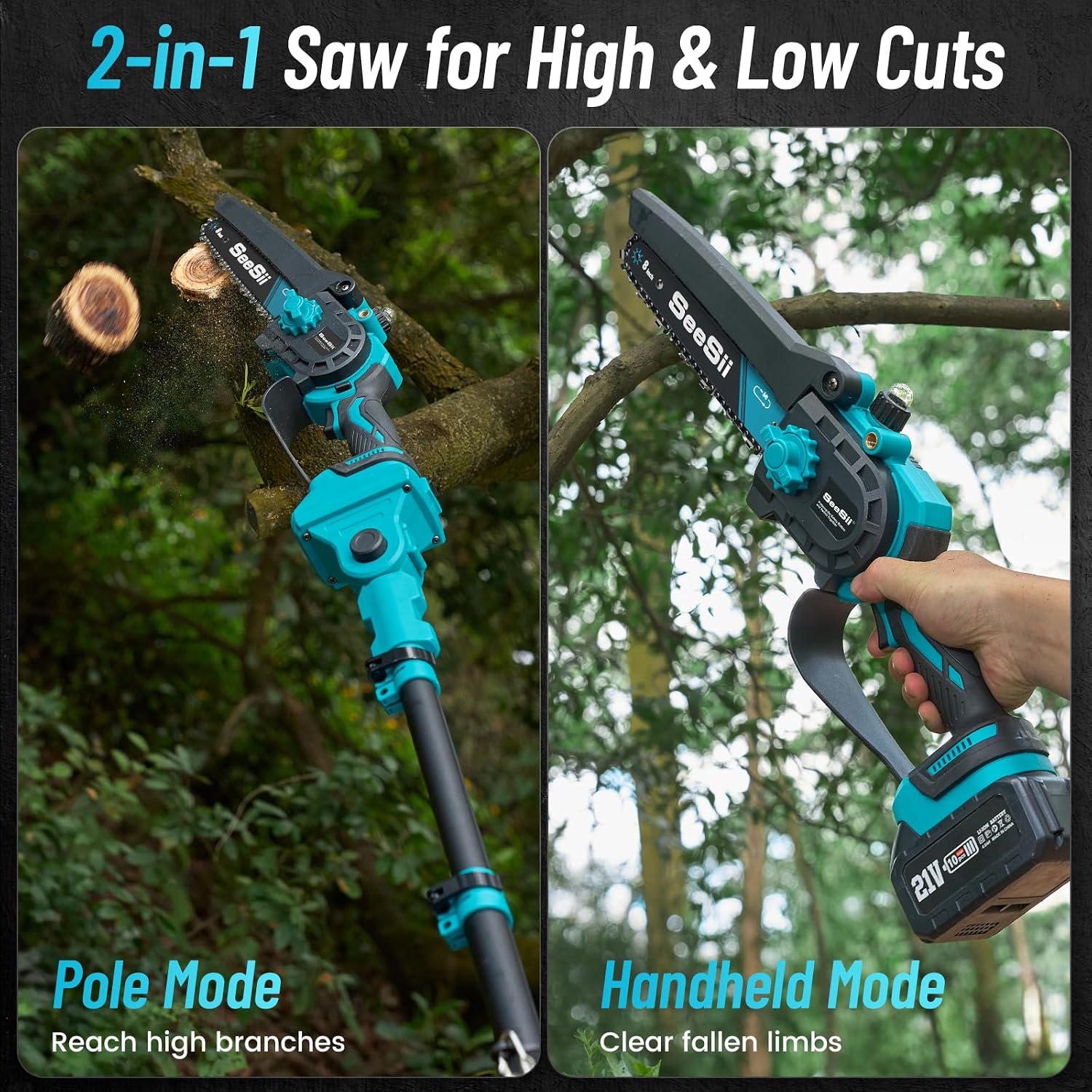 SEESII 2-in-1 Electric Pole Saws for Tree Trimming, 8 Inch Brushless Mini Chainsaw with Extension Pole, Cordless Pole Chain Saw, Tree Trimmer Limb Branch Cutter Pruner with 2 x 4.0Ah Batteries,P8 Nex