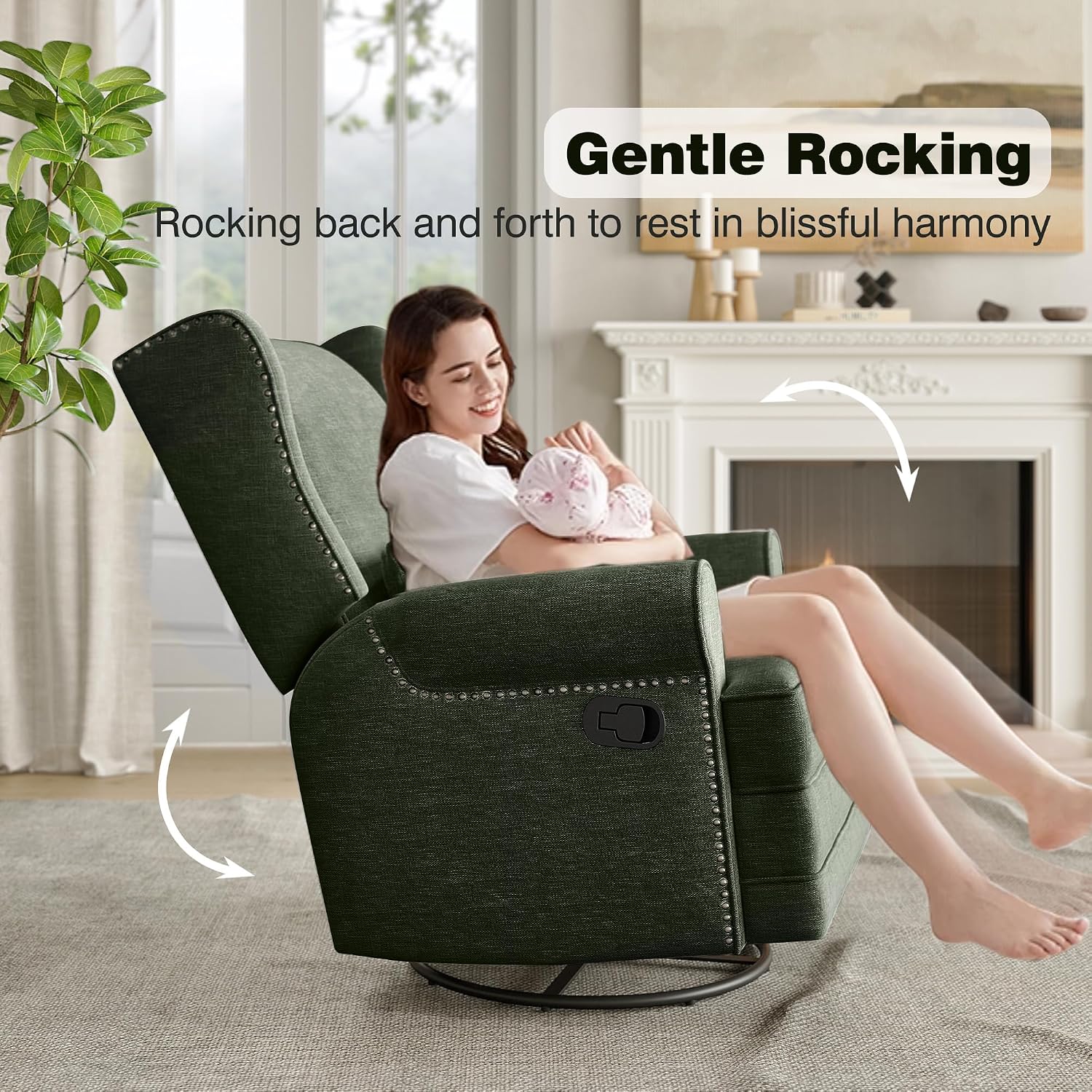 RoyalCraft Swivel Recliner Chair, Comfy Glider Rocking Chairs with Lumbar Pillow and Footrest, Upholstered Swivel Rocking Chair for Bedroom, Dark Green
