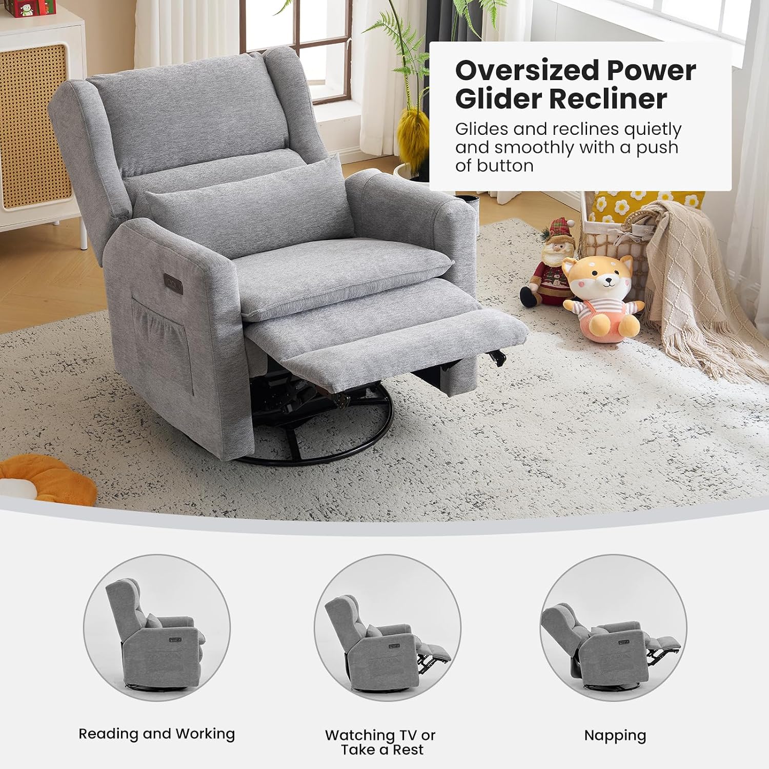 Power Recliner Chair,Oversized Swivel Rocker Recliner with Adjustable Headrest,Nursery Rocking Chair with Lumbar Cushion for Living Room,Grey