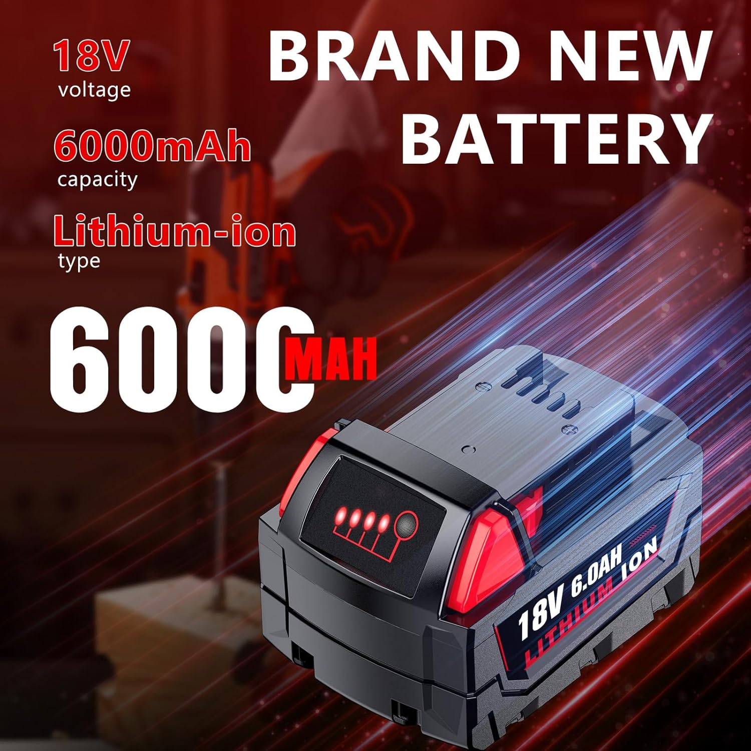 Replacement for Milwaukee M18 Battery, 6000mAh 18V Lithium High-Capacity Batteries Compatible with M18 Cordless Power Tools and Charger 48-11-1850 48-11-1860 48-11-1828 48-11-1815 48-11-1822 (4PACK)