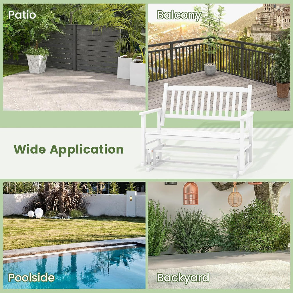 Giantex Outdoor Glider Bench Chair - 2 Person Loveseat, Porch Rocking Glider with Safe & Gentle Gliding, Solid Wood Frame, Slatted Seat, Curved Backrest, 500 Lbs Weight Capacity, Patio Glider (White)