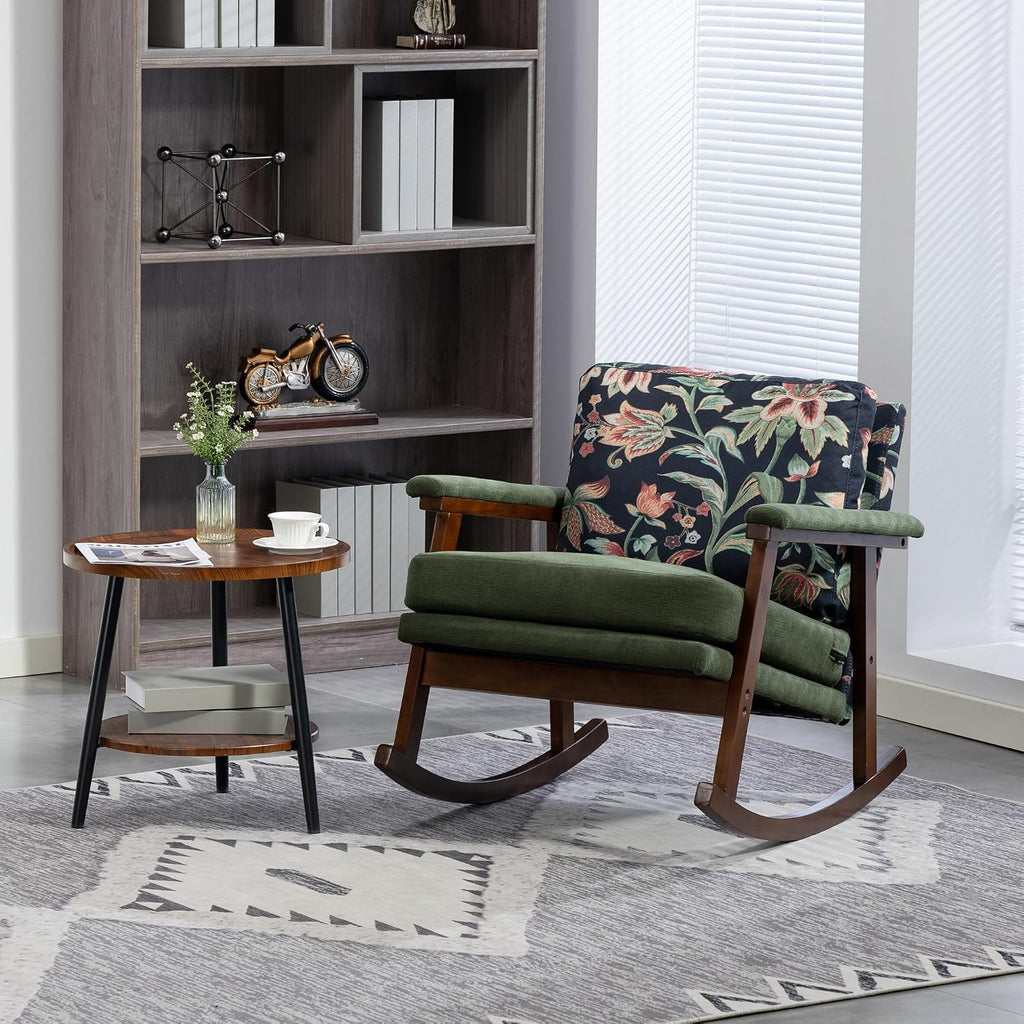 Nursery Rocking Chair Velvet Upholstered Accent Rocker Chair with Flower Pattern Comfy Soft Rocker Glider Solid Rubber Wood Leg for Bedroom Living Room Nursing Room, Green