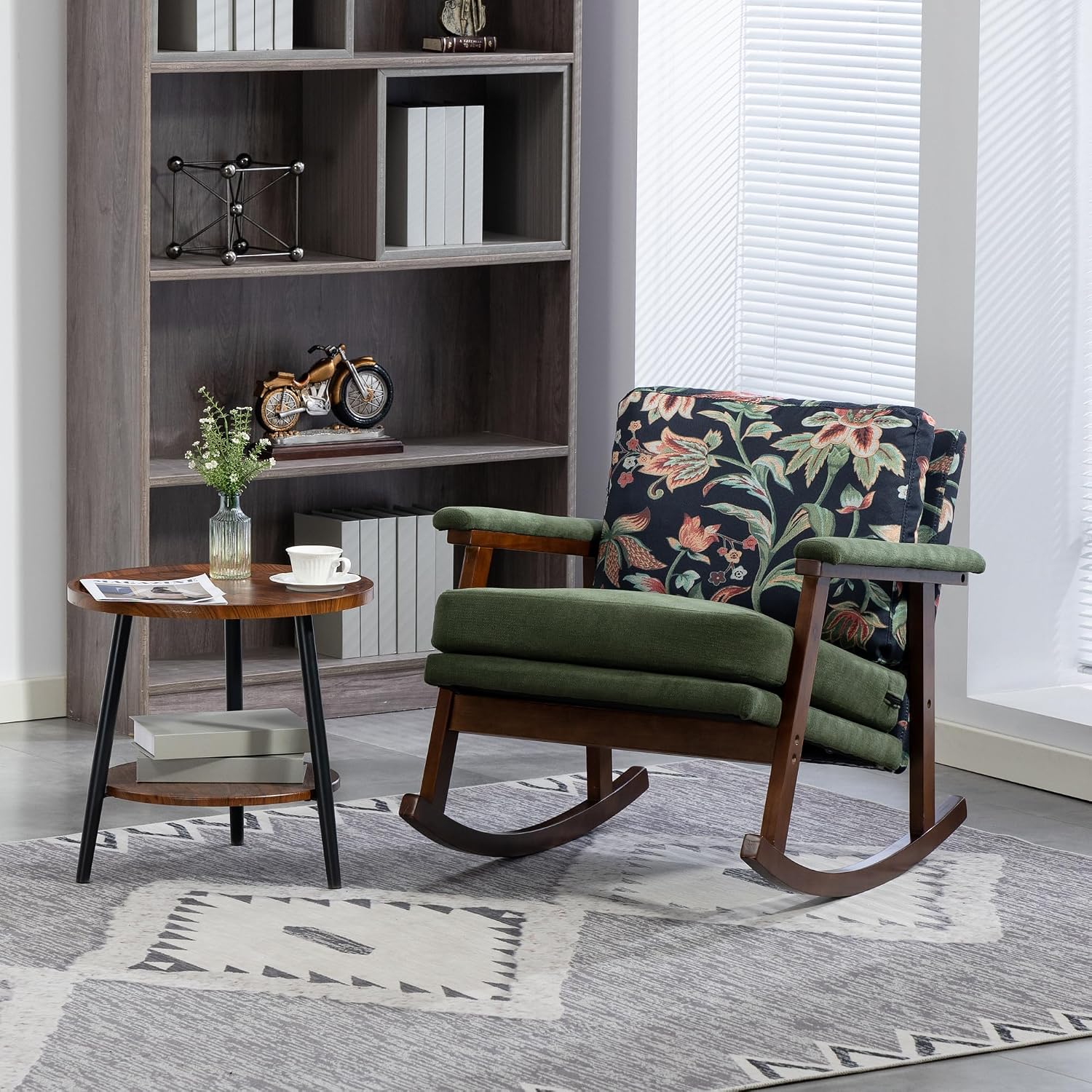 Nursery Rocking Chair Velvet Upholstered Accent Rocker Chair with Flower Pattern Comfy Soft Rocker Glider Solid Rubber Wood Leg for Bedroom Living Room Nursing Room, Green