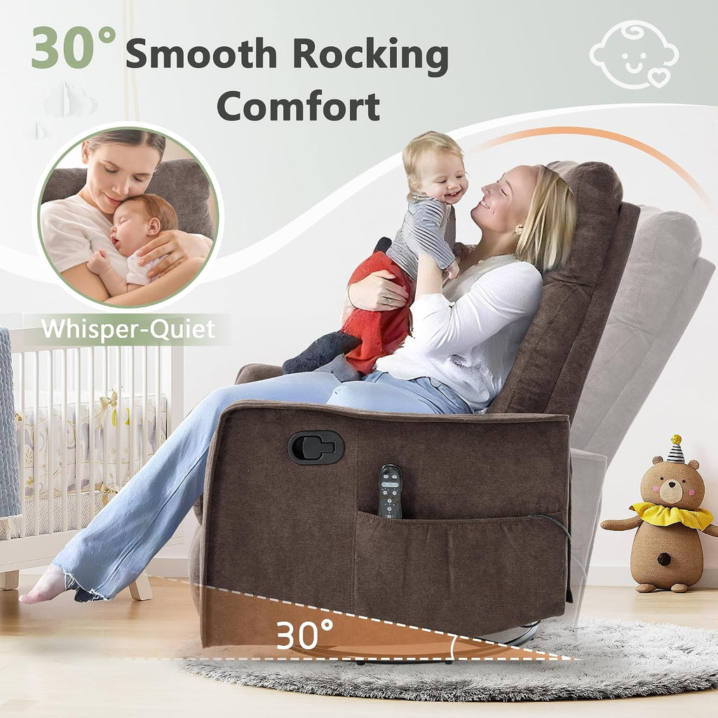cinkehome Swivel Rocker Recliner, Glider Rocker Recliner Chair for Nursery, Manual Reclining Chair with Heated Massage, Small Spaces, Living Room, Linen Brown