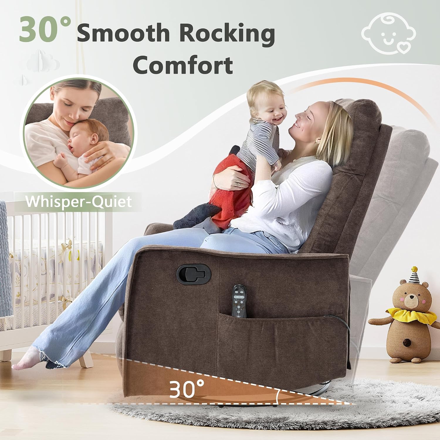 cinkehome Swivel Rocker Recliner, Glider Rocker Recliner Chair for Nursery, Manual Reclining Chair with Heated Massage, Small Spaces, Living Room, Linen Brown