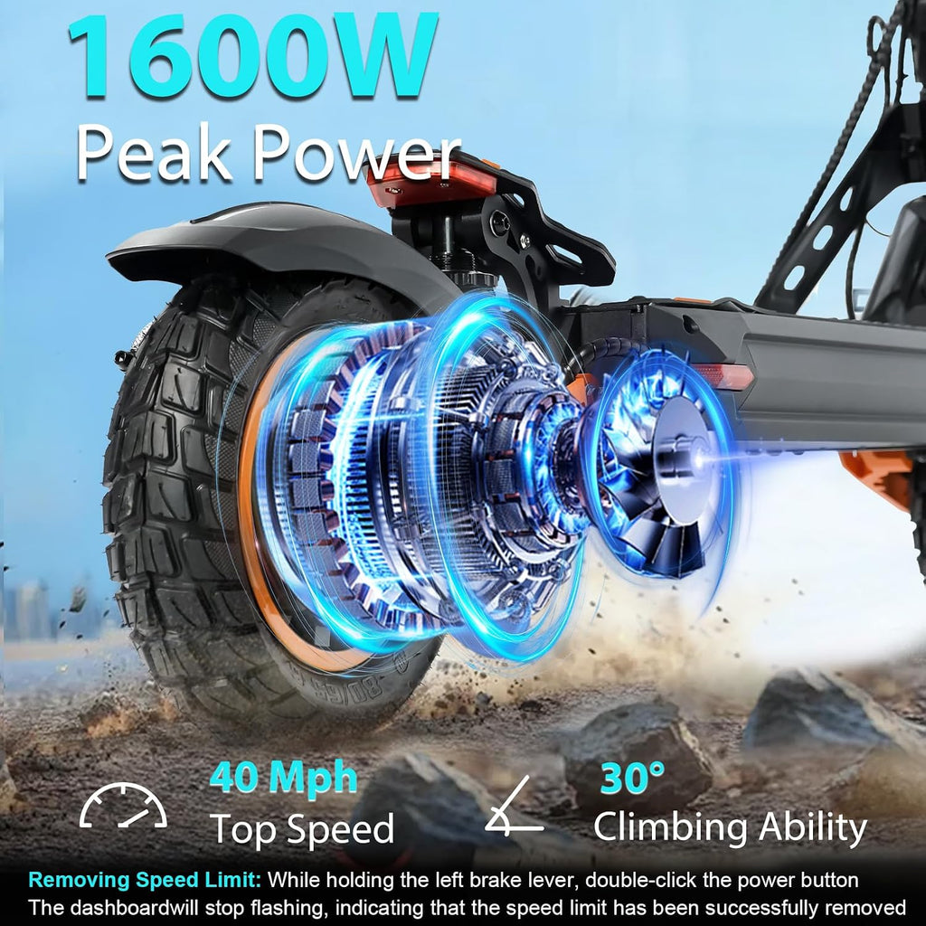 Electric Scooter Adults, 1600 W Motor Up to 50 Miles Range & 40 MPH Top Speed, 10' Off Road Tire Folding E-Scooter with Detachable Seat for Teen Commuting (UL 2272tested)