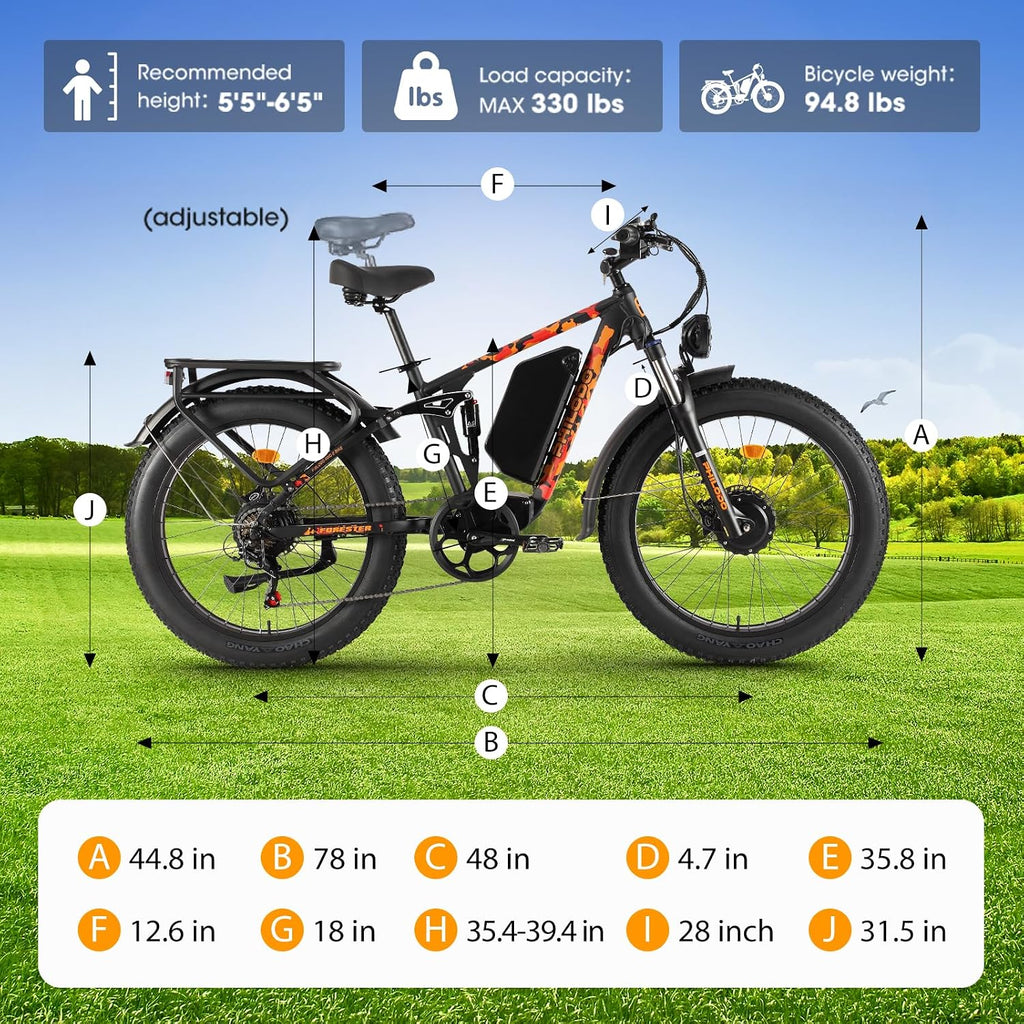Forester 5000w Electric Bike, 60V 25Ah Bike Battery for Long Range with Dual Motor Ebike for Adults, 26x4 Electric Bike Fat Tires for All Terrain Electric Mountain Bike