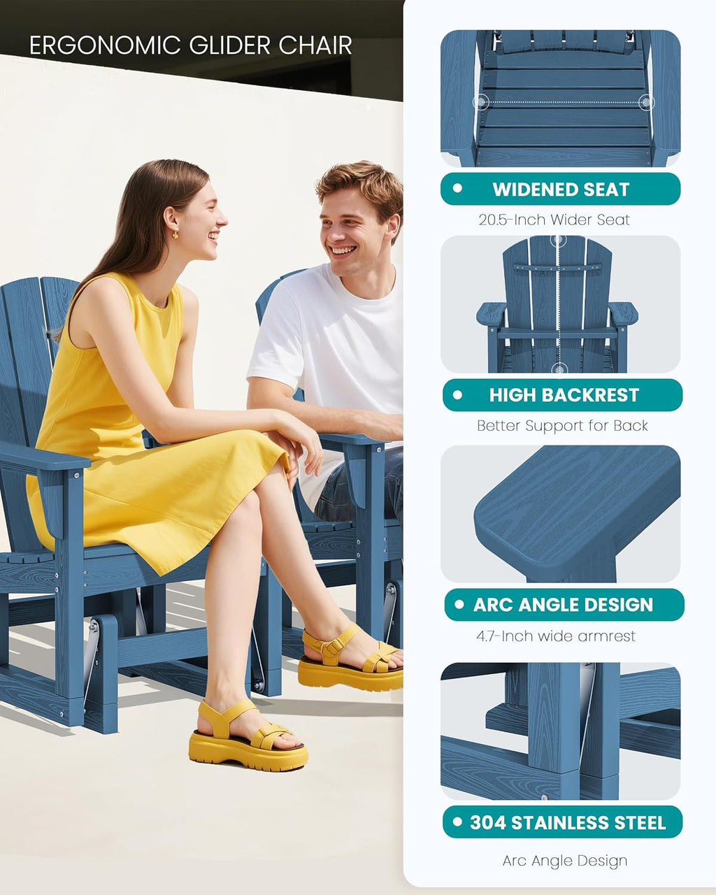 SERWALL Outdoor Glider Chair, HDPE Patio Glider Rocker All-Weather Porch Glider for Outside, Blue