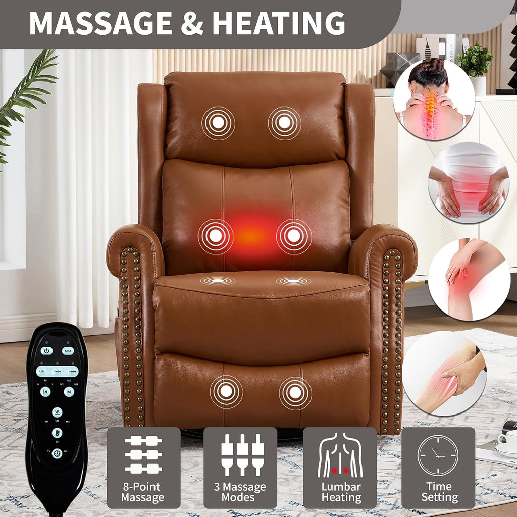 PELUMY Genuine Leather Swivel Rocking Recliner Chair for Adults, 360° Swivel Glider Rocker with Heat & Vibrating Massage, Lounge Chair for Living Room, Bedroom, Nursery (Earth Yellow)