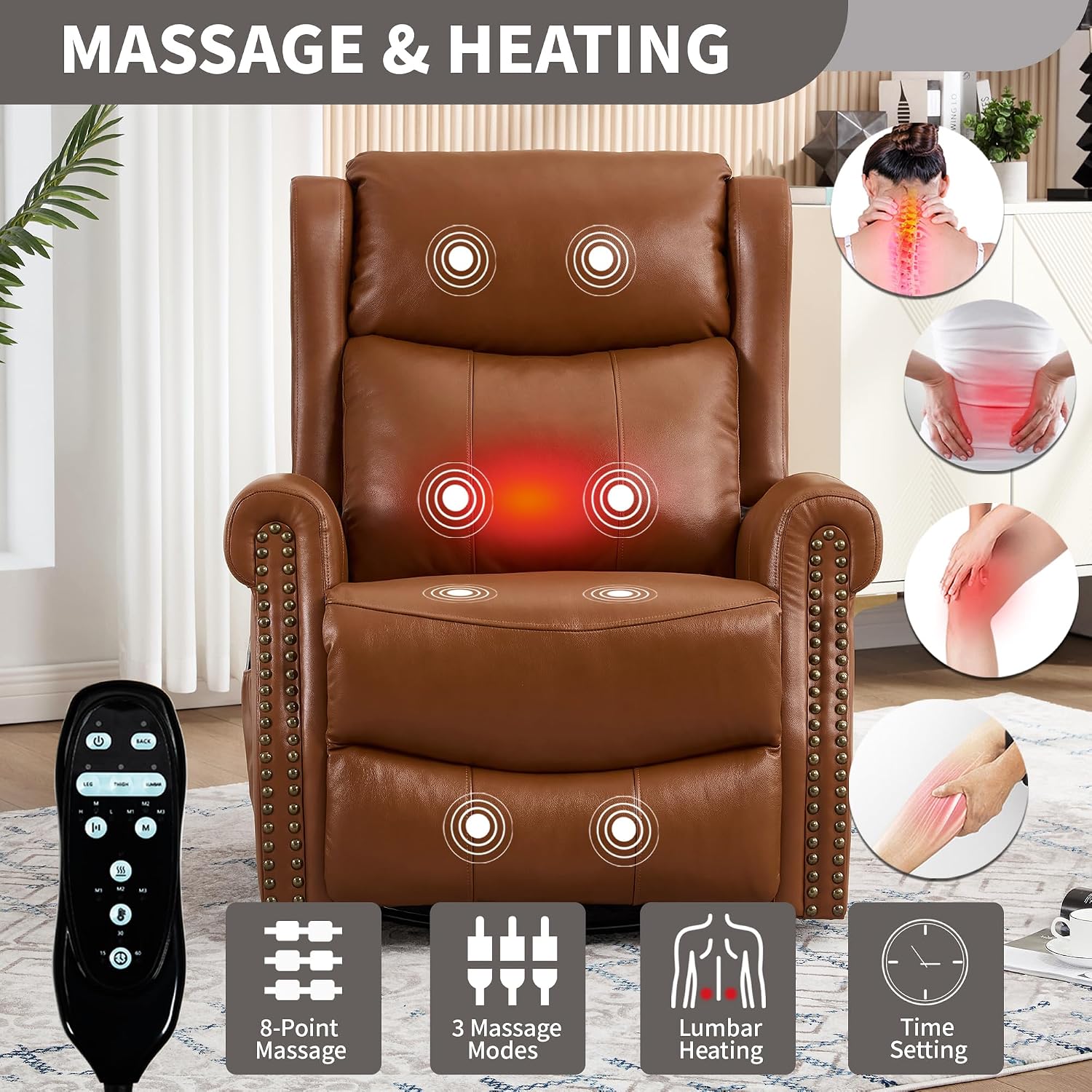 PELUMY Genuine Leather Swivel Rocking Recliner Chair for Adults, 360° Swivel Glider Rocker with Heat & Vibrating Massage, Lounge Chair for Living Room, Bedroom, Nursery (Earth Yellow)