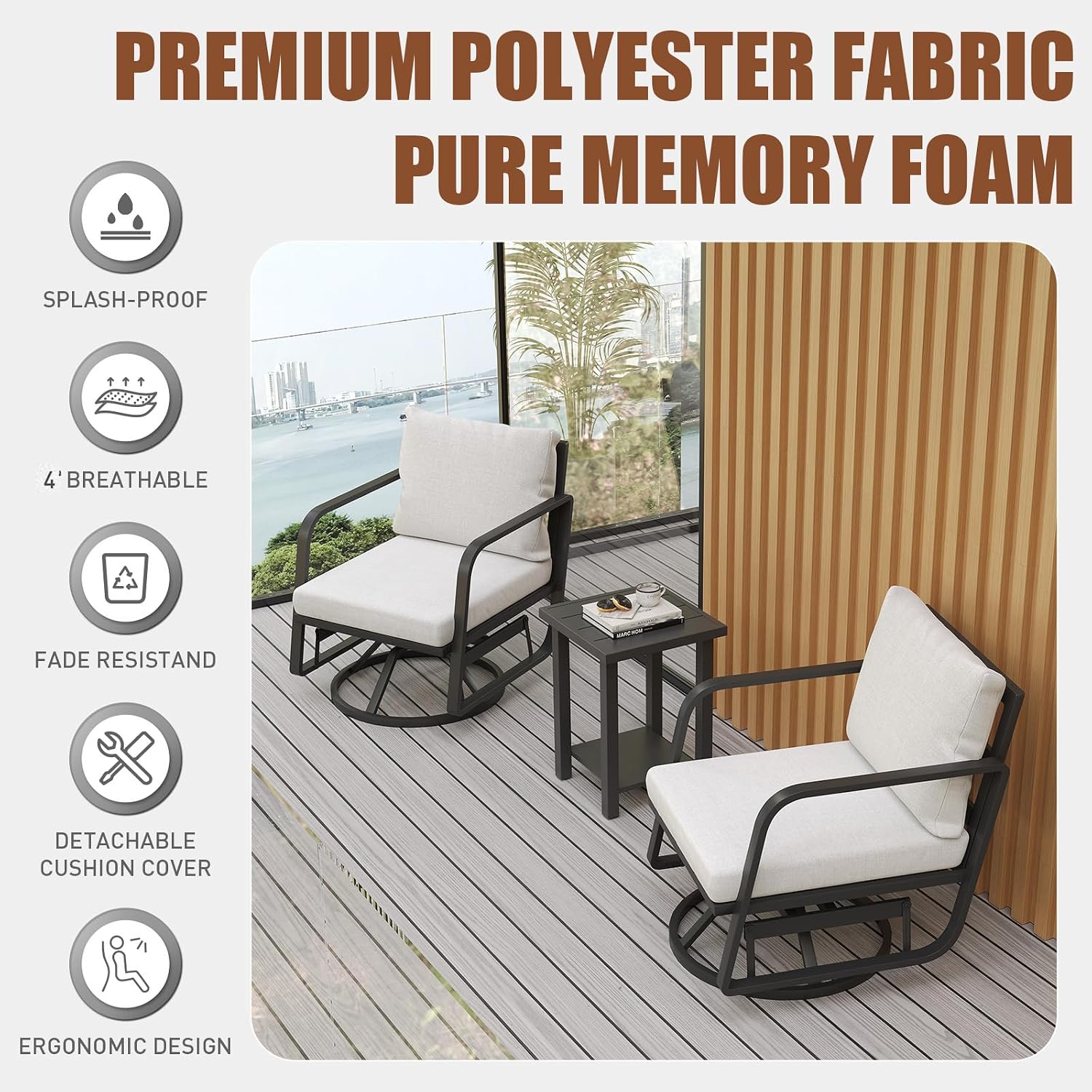 Patio Chairs Swivel Rocker Sets: 3Pieces Aluminum Alloy Ensemble 360° Swivel Rocking Chairs, Rust-Resistant Frame Cushions -Perfect for Backyard, Deck, Porch, and Balcony Decoration(2Swivels+1Table)