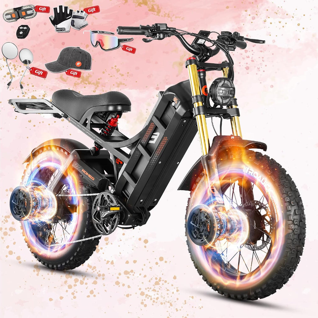 eAhora 2025 Romeo Pro 3/2 50-46Mph Electric Bike for Adults 5600W/4000W/2500W Dual Motor Ebike 60V/80Ah 52V/70Ah 200+Miles Long Range Fat Tire Full Suspension Electric Mountain Bicycle