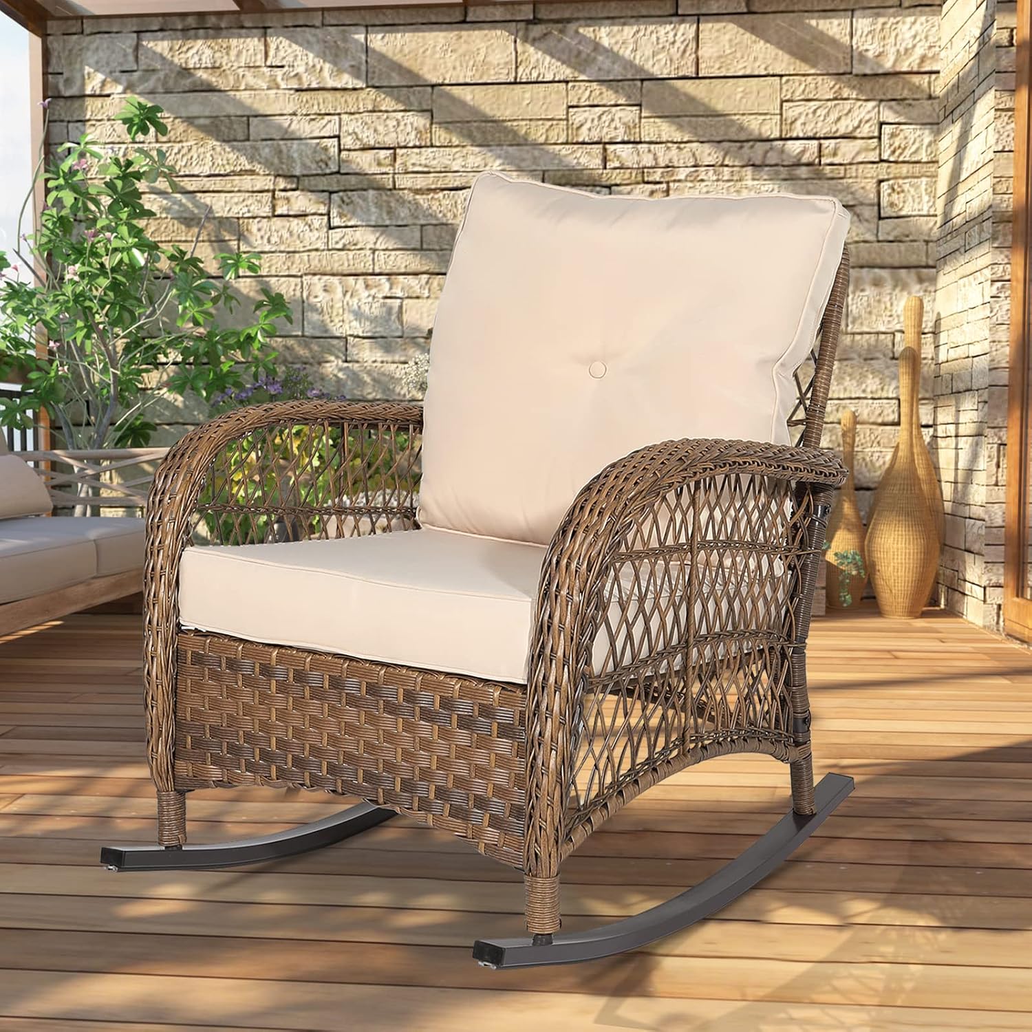 Outdoor Wicker Rocking Chair with Thickened Cushions, All-Weather Rattan Patio Rocking Chairs, Rocker Wicker Chair for Backyard & Porch Garden, Beige